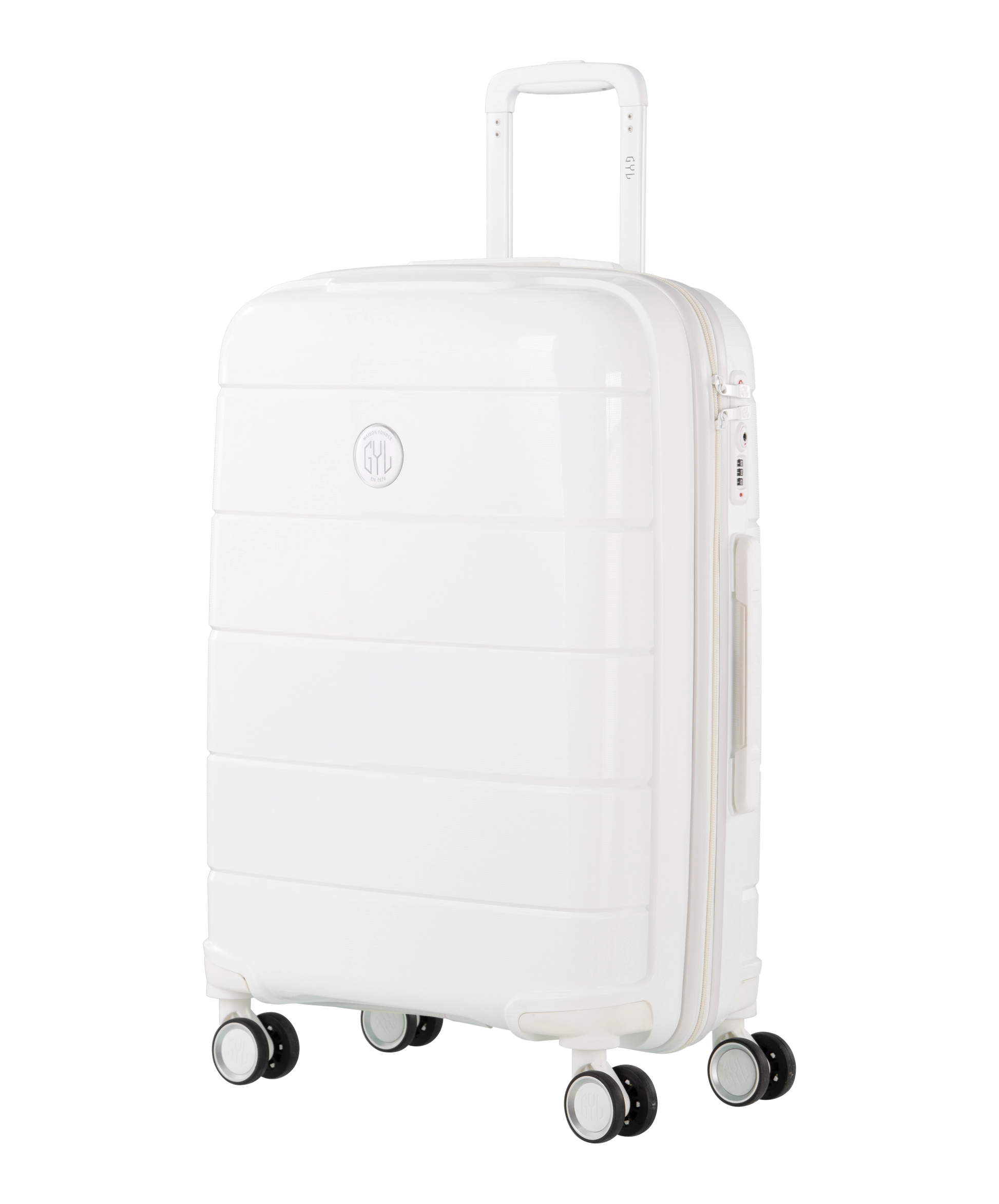 Valise Citadine en polypropylene semaine 65 cm coloris blanc vue trois quarts avec logo GYL