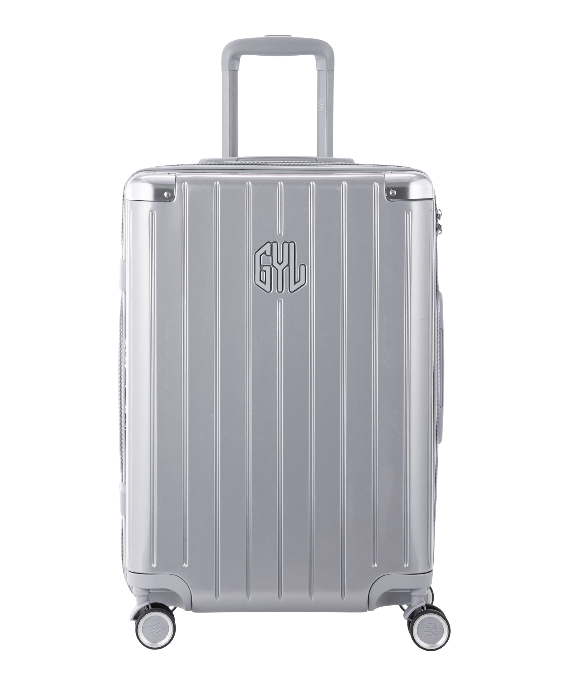 Valise Intemporelle en polycarbonate semaine 65 cm coloris argent vue de face avec logo GYL