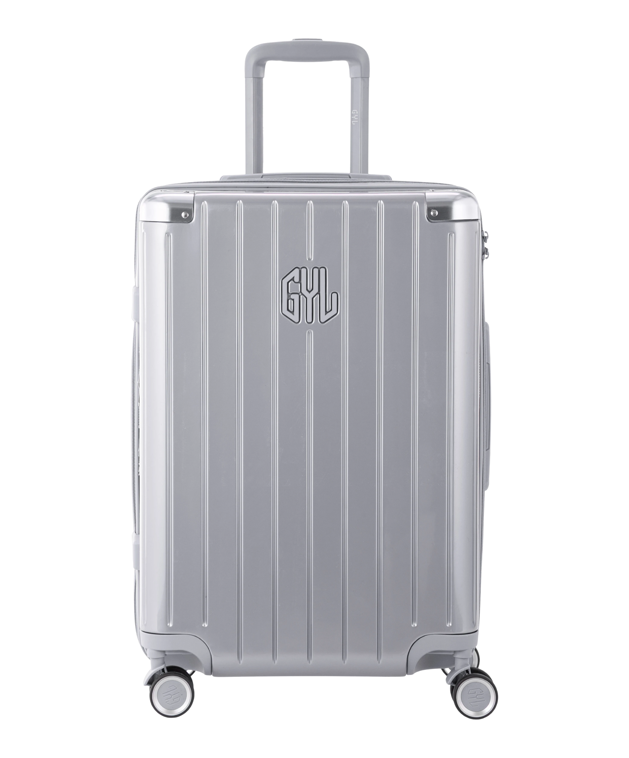 Valise Intemporelle en polycarbonate semaine 65 cm coloris argent vue de face avec logo GYL