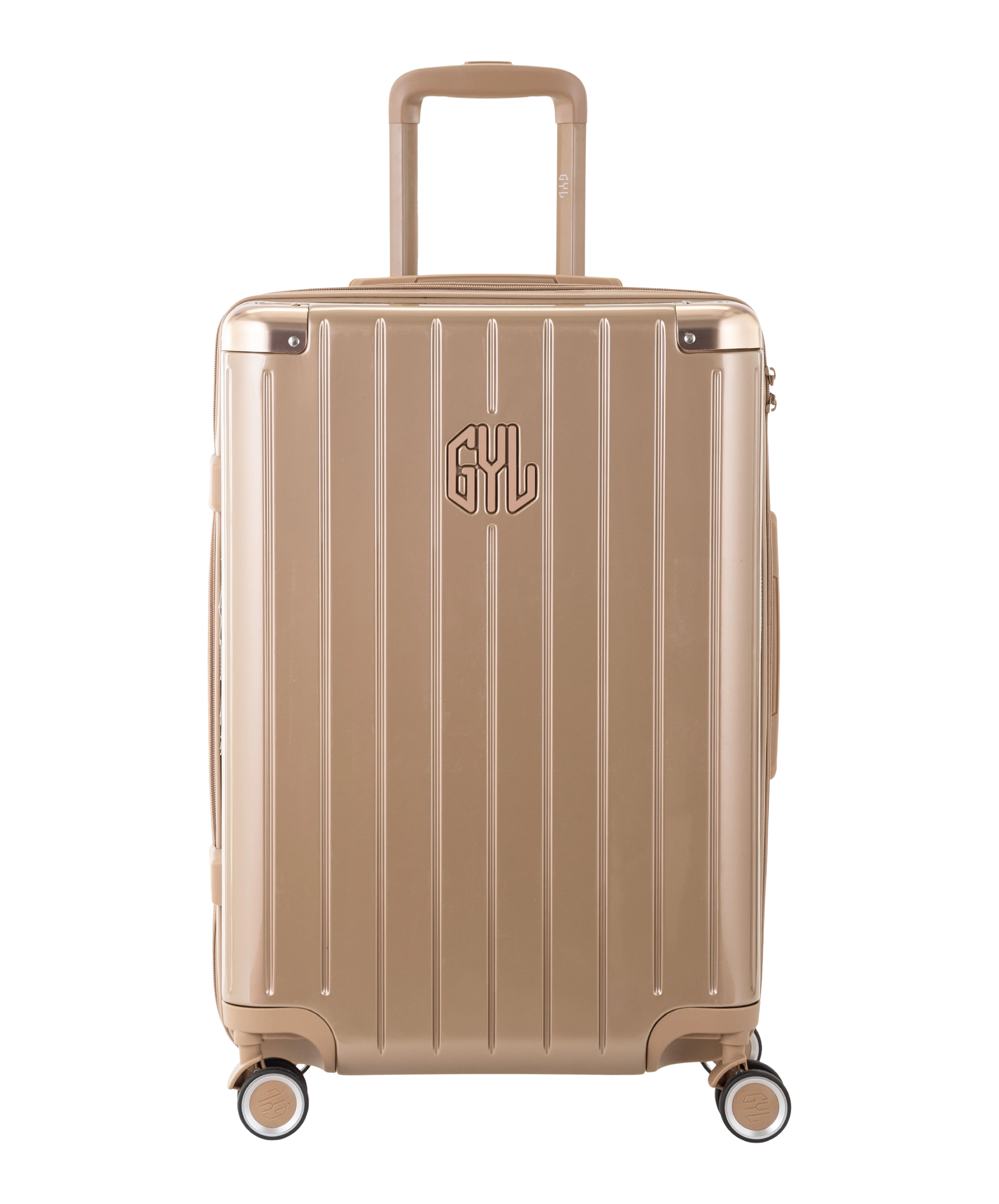 Valise Intemporelle en polycarbonate semaine 65 cm coloris champagne vue de face avec logo GYL