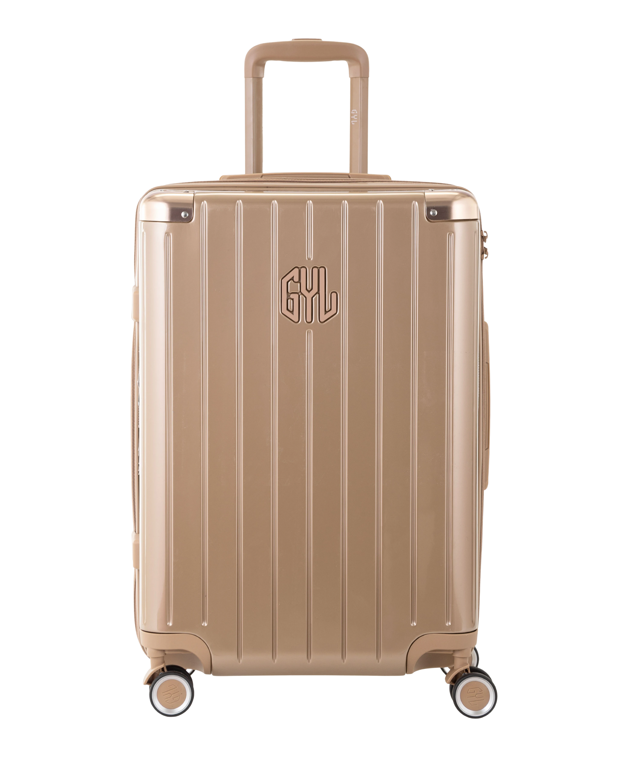 Valise Intemporelle en polycarbonate semaine 65 cm coloris champagne vue de face avec logo GYL