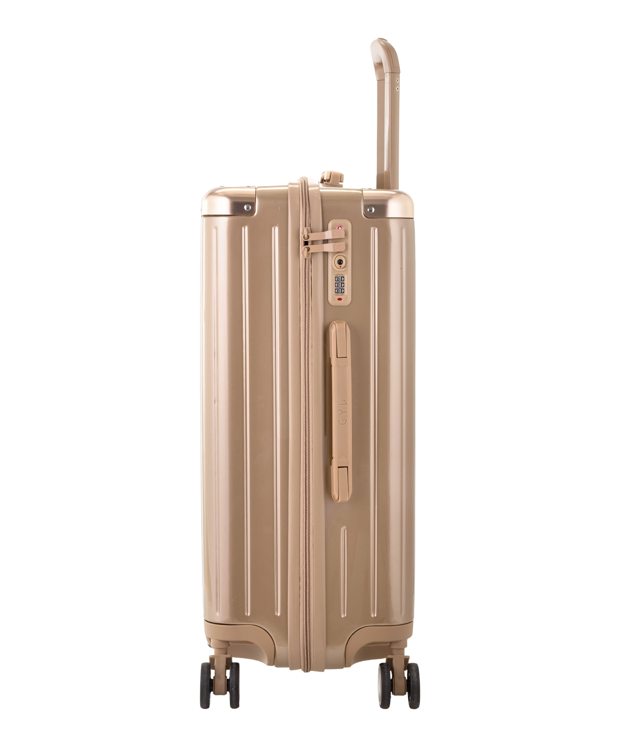 Valise Intemporelle en polycarbonate semaine 65 cm coloris champagne vue de profil avec serrure TSA integree