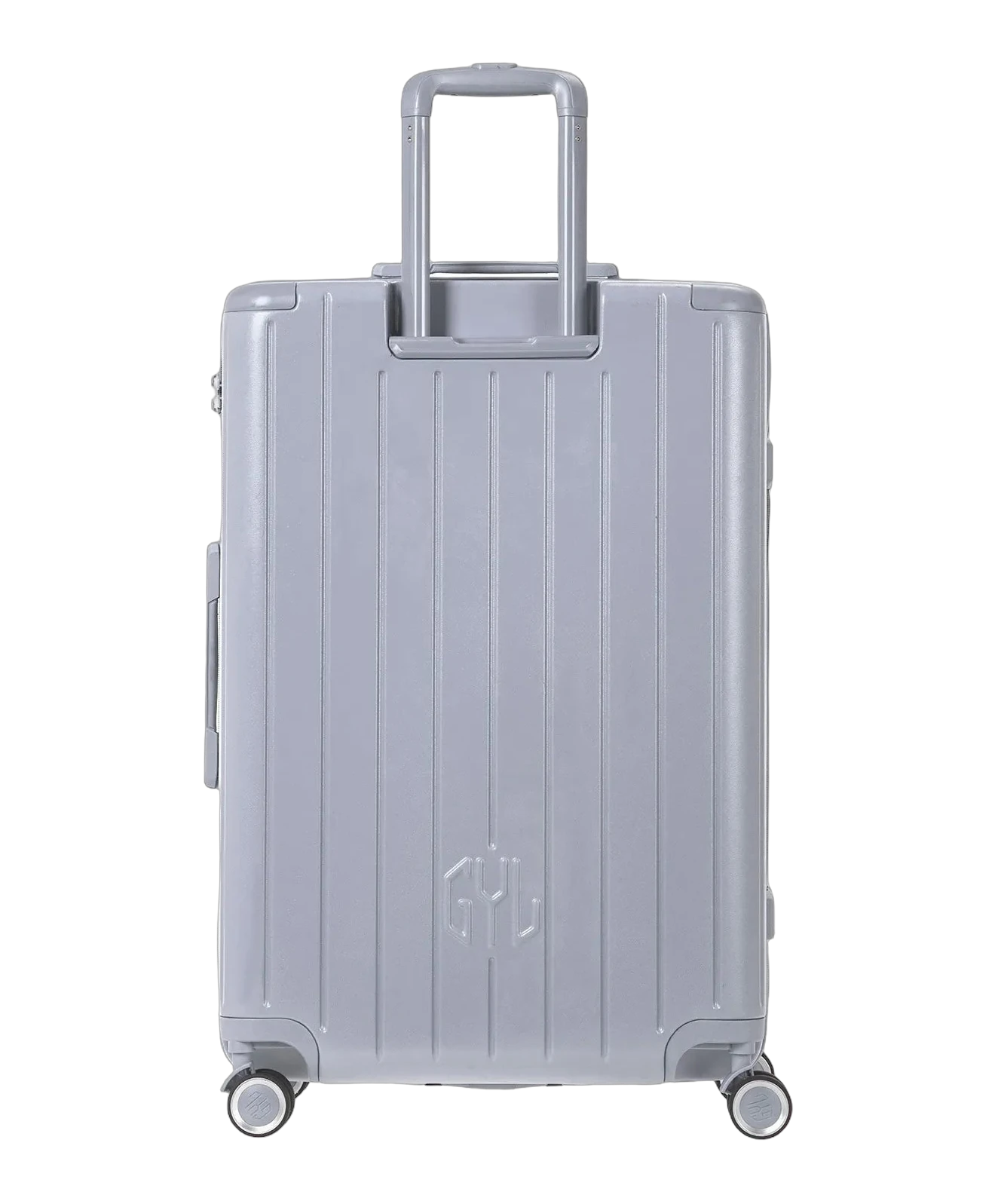 Valise rigide Intemporelle argent vue de dos avec poignees integrees et roulettes pivotantes GYL