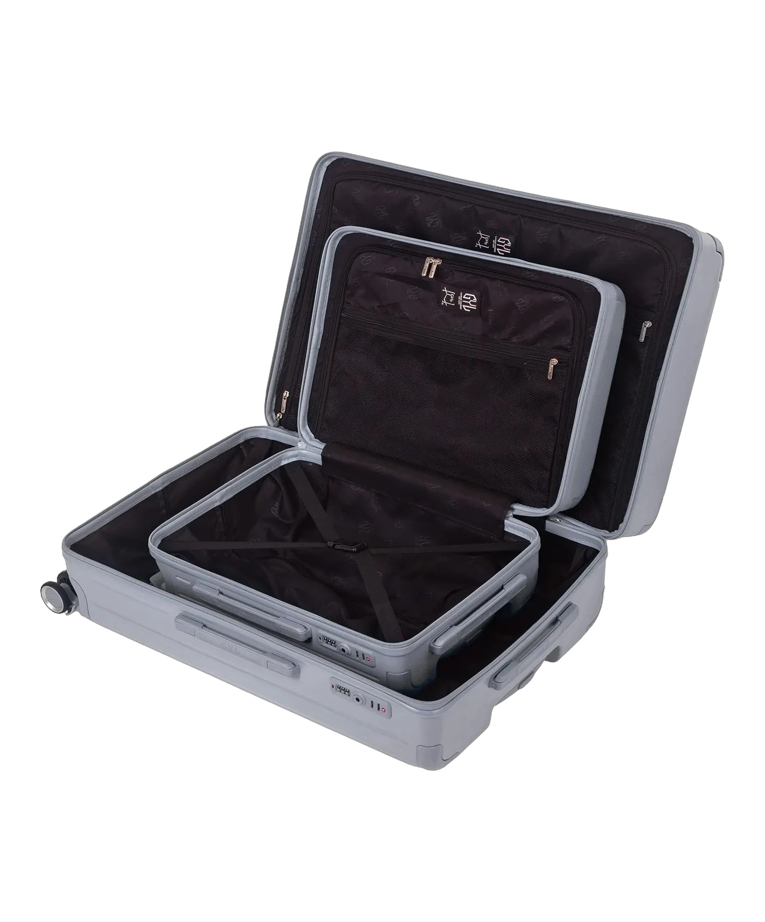 Interieur compartimente de la valise Intemporelle argent avec sangles croisees et poches filet GYL