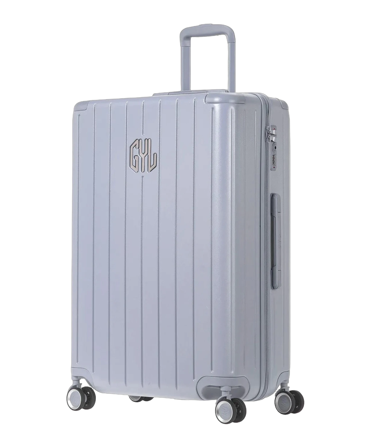 Valise rigide Intemporelle argent vue trois quarts avec logo GYL et roulettes pivotantes