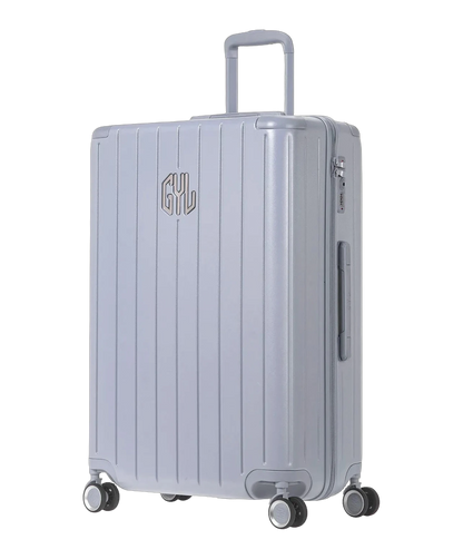 Valise rigide Intemporelle argent vue trois quarts avec logo GYL et roulettes pivotantes