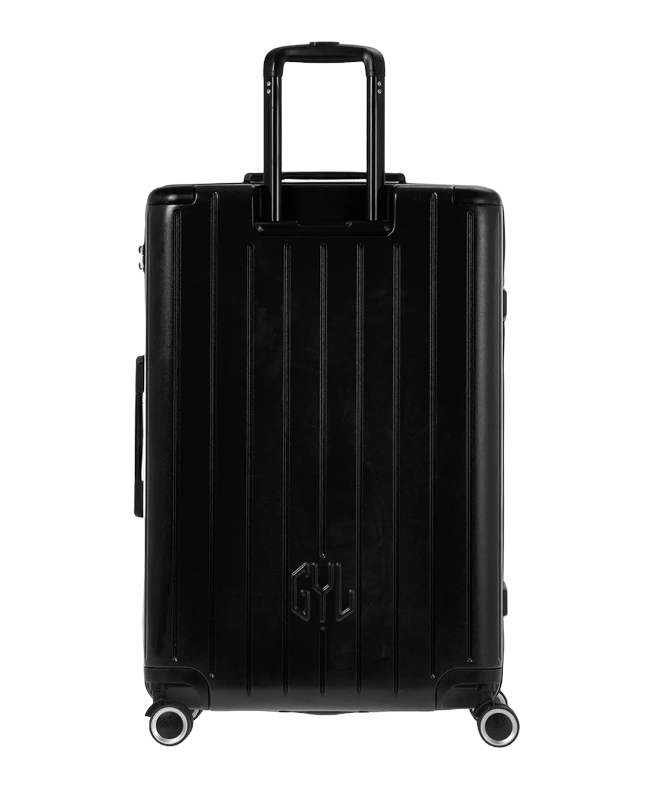 Valise rigide Intemporelle noir vue de dos avec poignees integrees et roulettes pivotantes GYL