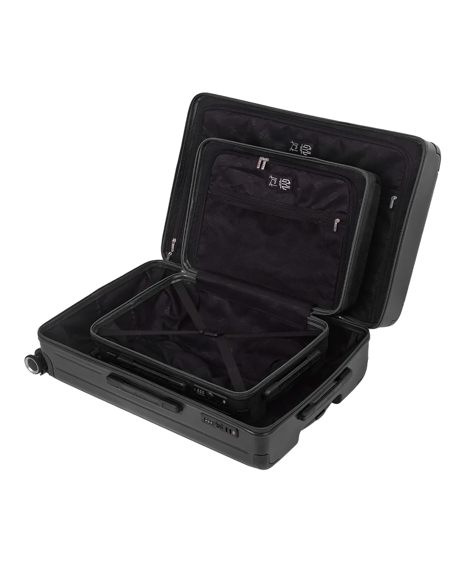 Interieur compartimente de la valise Intemporelle noir avec sangles croisees et poches filet GYL