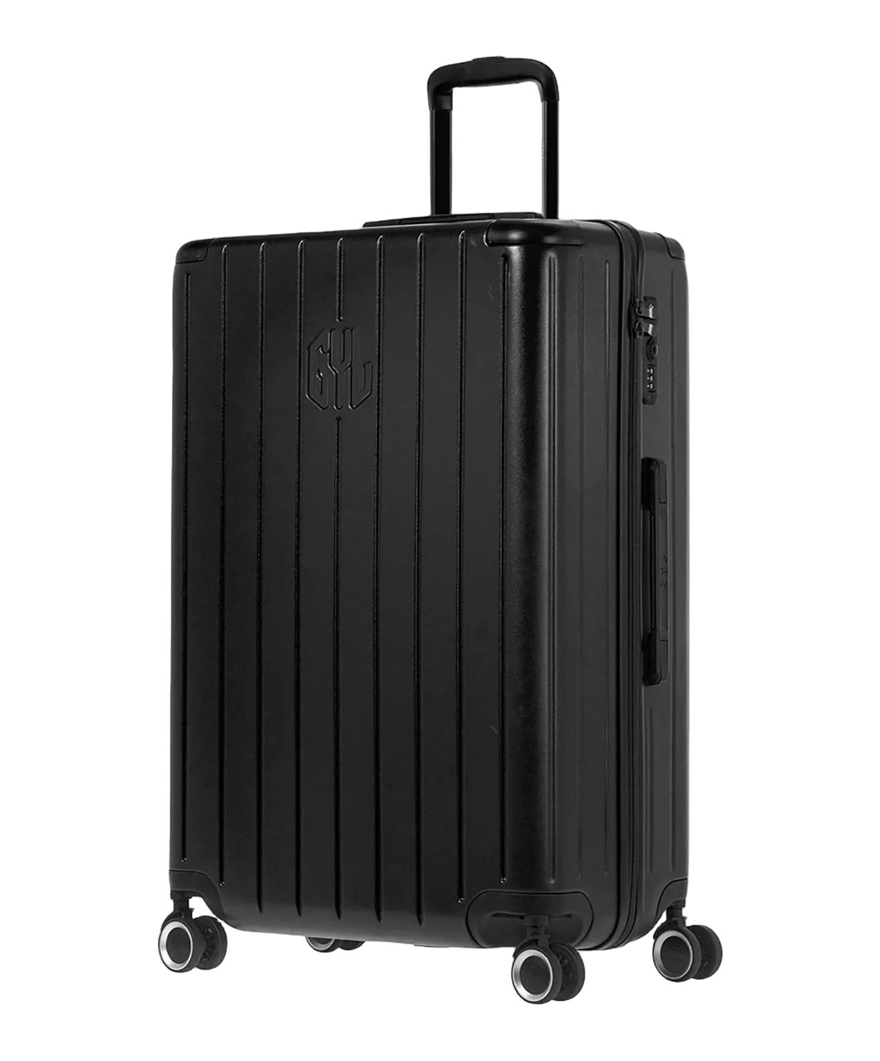 Valise rigide Intemporelle noir vue trois quarts avec poignee telescopique et logo GYL