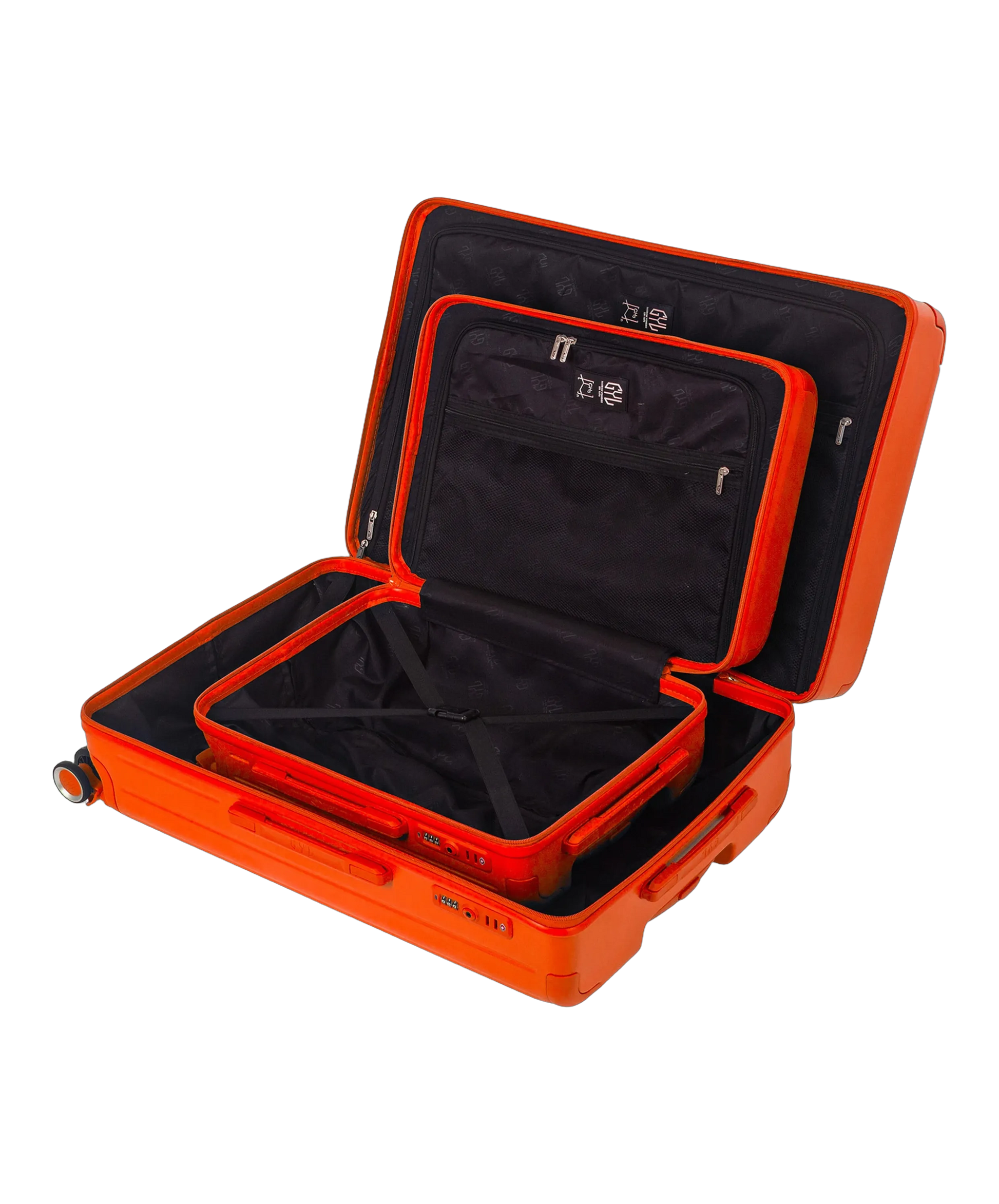 Interieur de la valise Intemporelle orange avec compartiment organisateur et sangles de maintien GYL