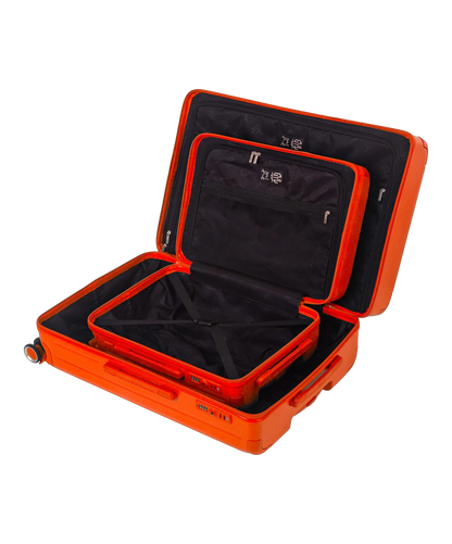 Interieur de la valise Intemporelle orange avec compartiment organisateur et sangles de maintien GYL