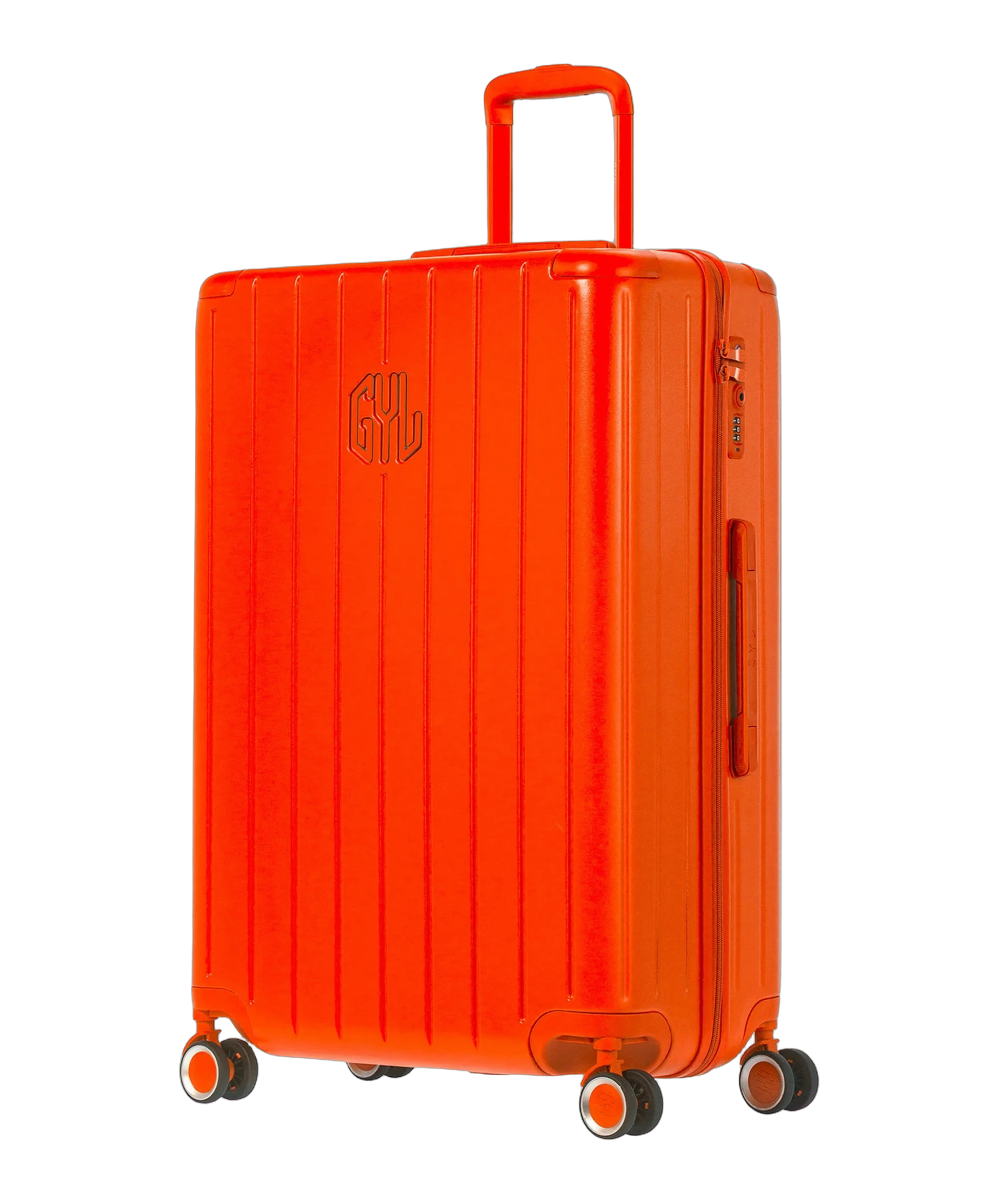 Valise rigide Intemporelle orange soute vue trois quarts avec logo GYL et roulettes pivotantes