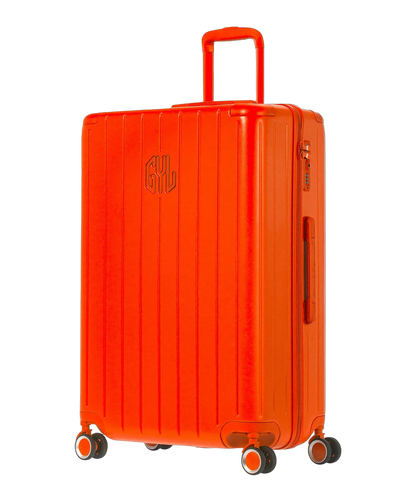 Valise rigide Intemporelle orange soute vue trois quarts avec logo GYL et roulettes pivotantes