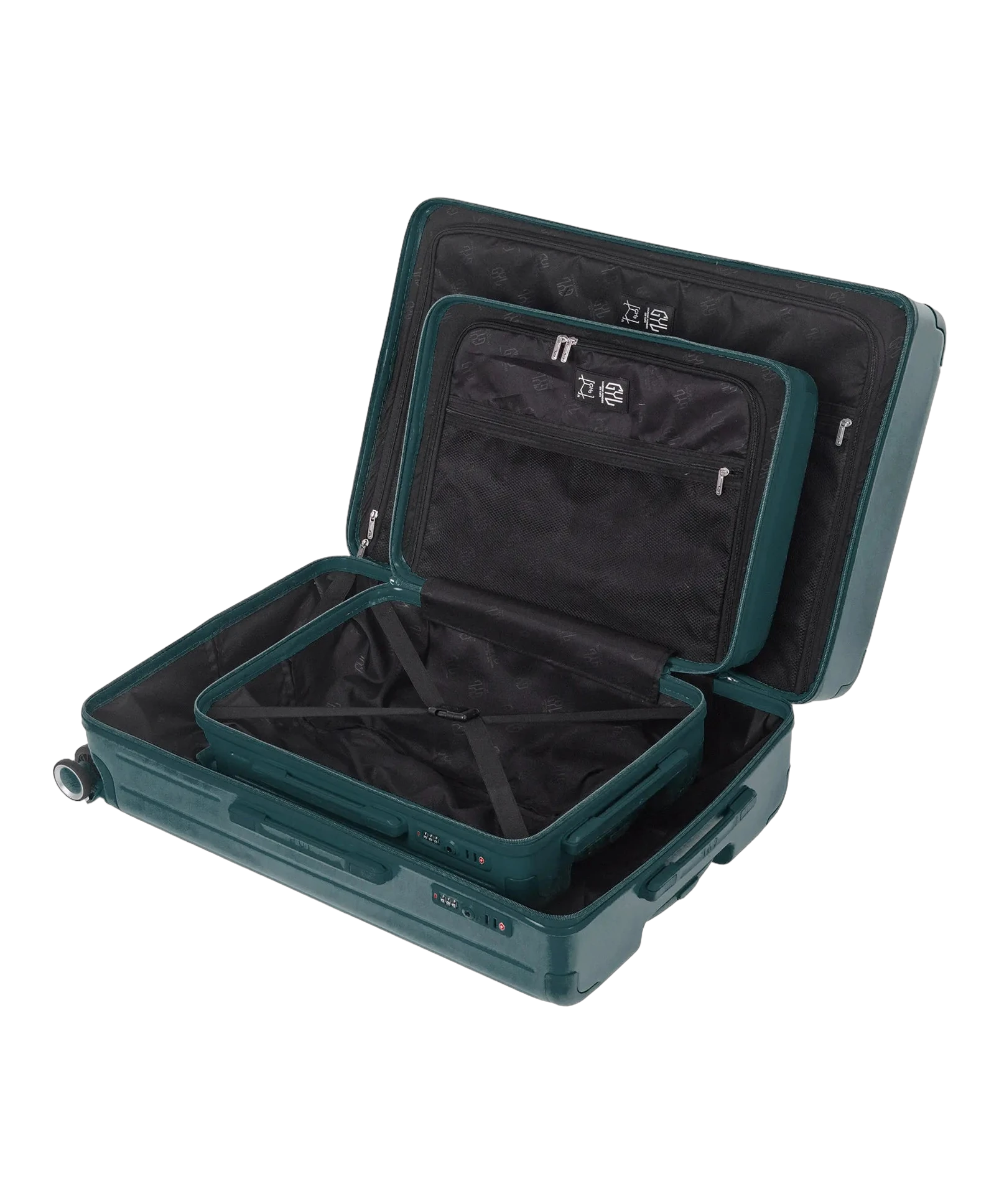 Interieur de la valise Intemporelle vert sapin ouverte avec compartiments et sangles de maintien GYL