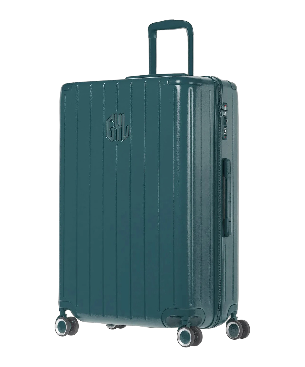 Valise rigide Intemporelle vert sapin vue trois quarts avec logo GYL et roulettes pivotantes