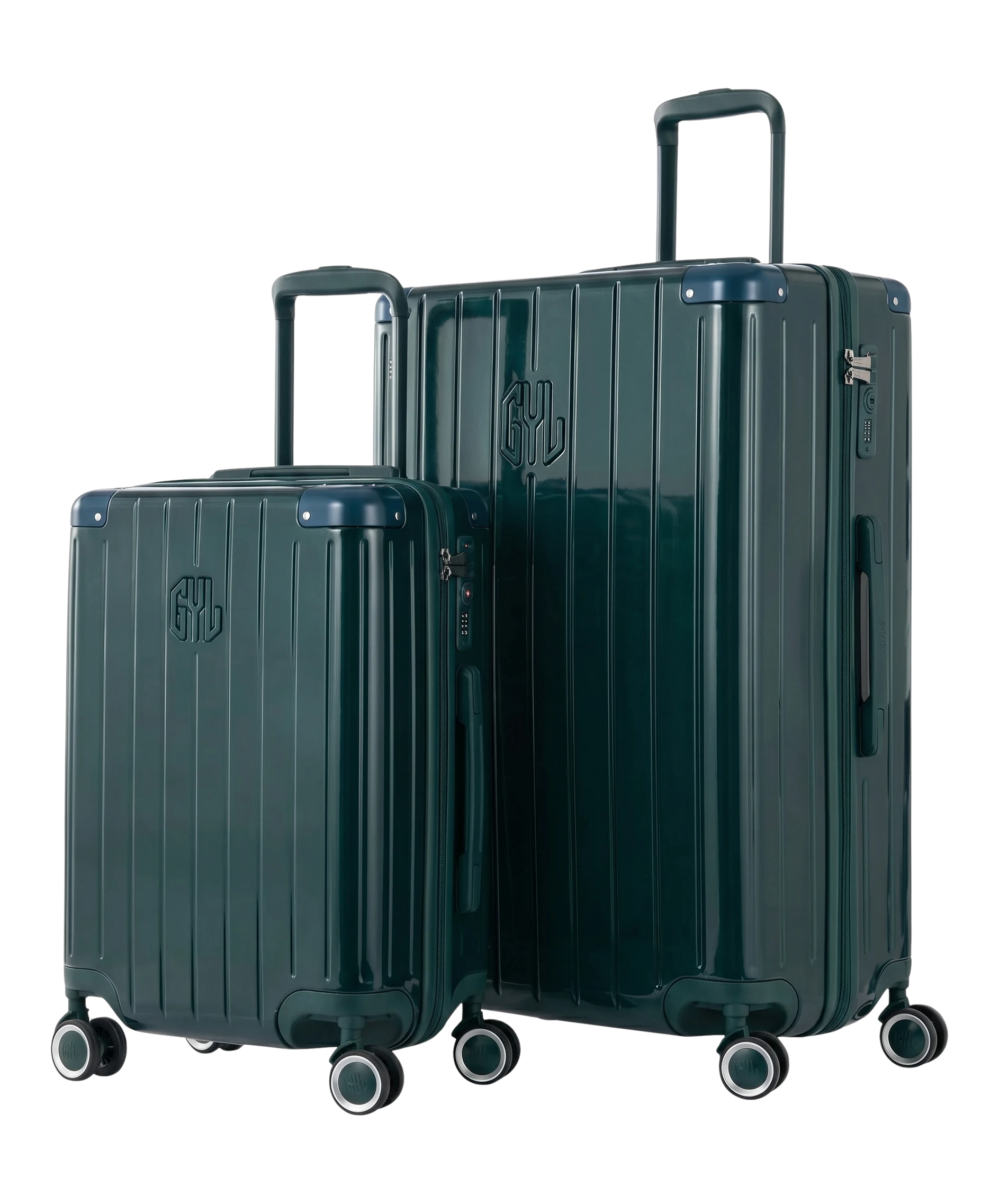 Set de 2 valises Intemporelle en polycarbonate cabine et soute coloris vert sapin vue de face avec logo GYL
