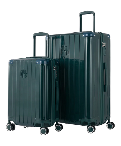 Set de 2 valises Intemporelle en polycarbonate cabine et soute coloris vert sapin vue de face avec logo GYL