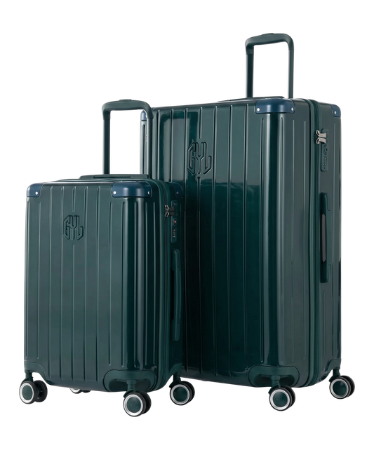 Set de 2 valises Intemporelle en polycarbonate cabine et soute coloris vert sapin vue de face avec logo GYL