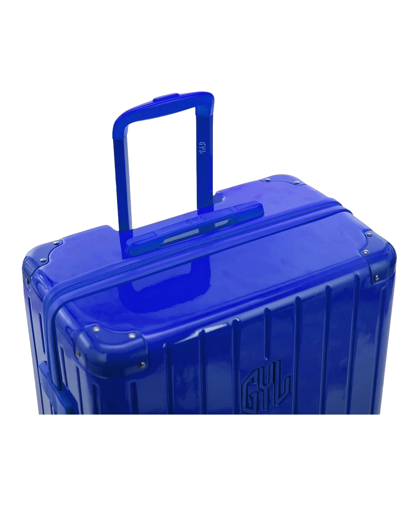 Poignee trolley telescopique GYL deployee sur la valise Intemporelle bleu en polycarbonate