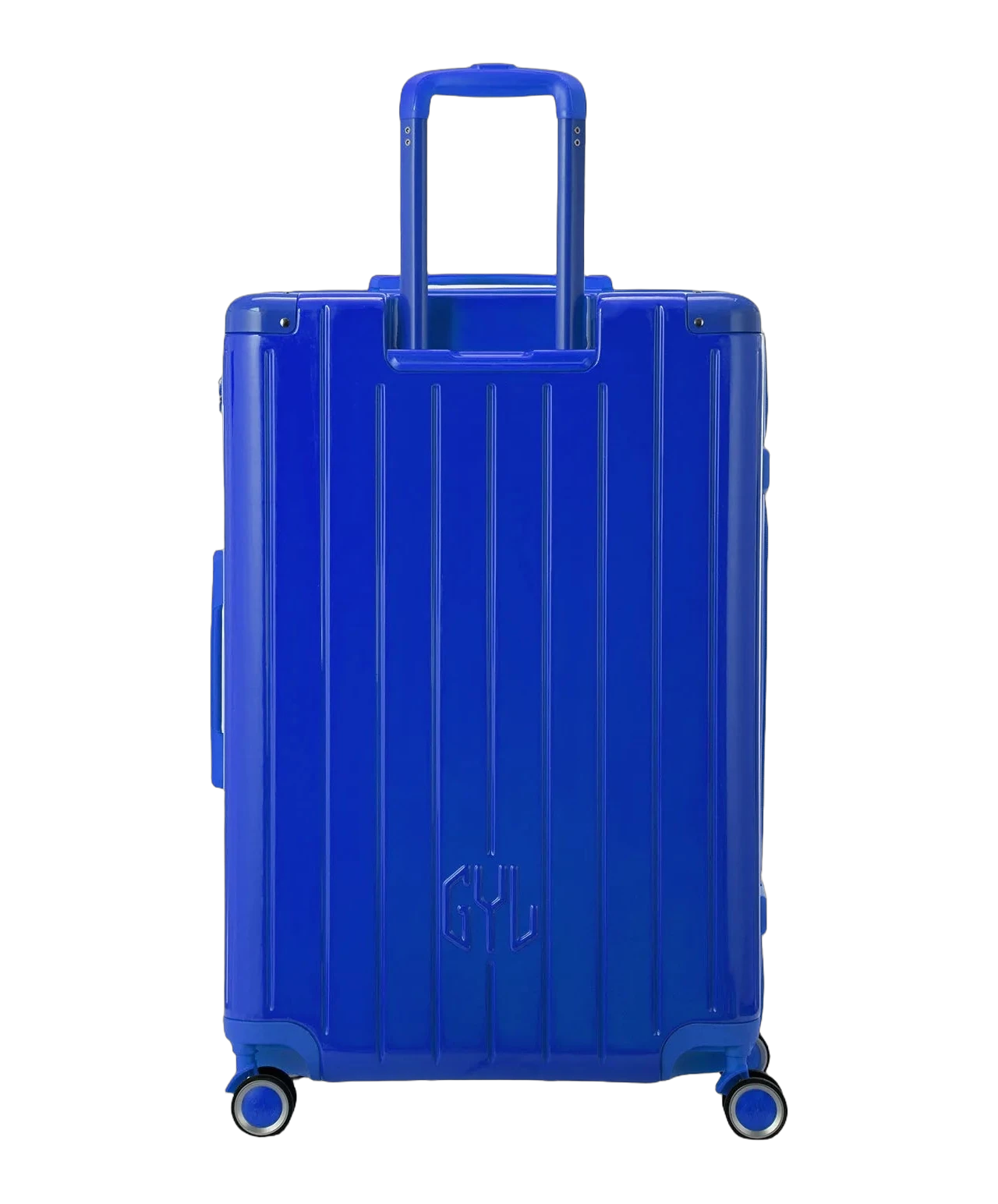 Valise rigide Intemporelle bleu vue de dos avec poignees integrees et roulettes pivotantes GYL