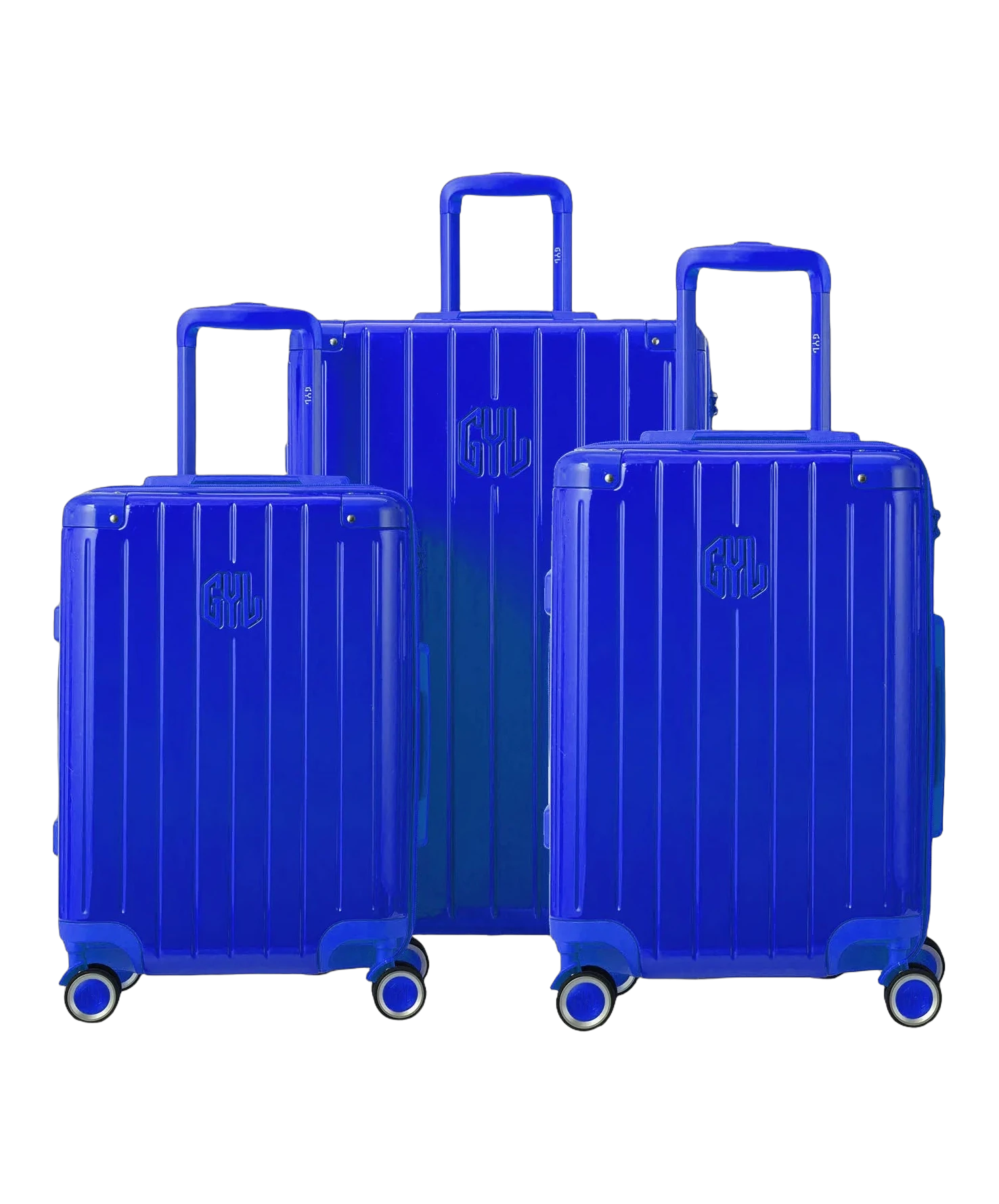 Valise rigide Intemporelle bleu vue de face avec logo GYL et roulettes pivotantes