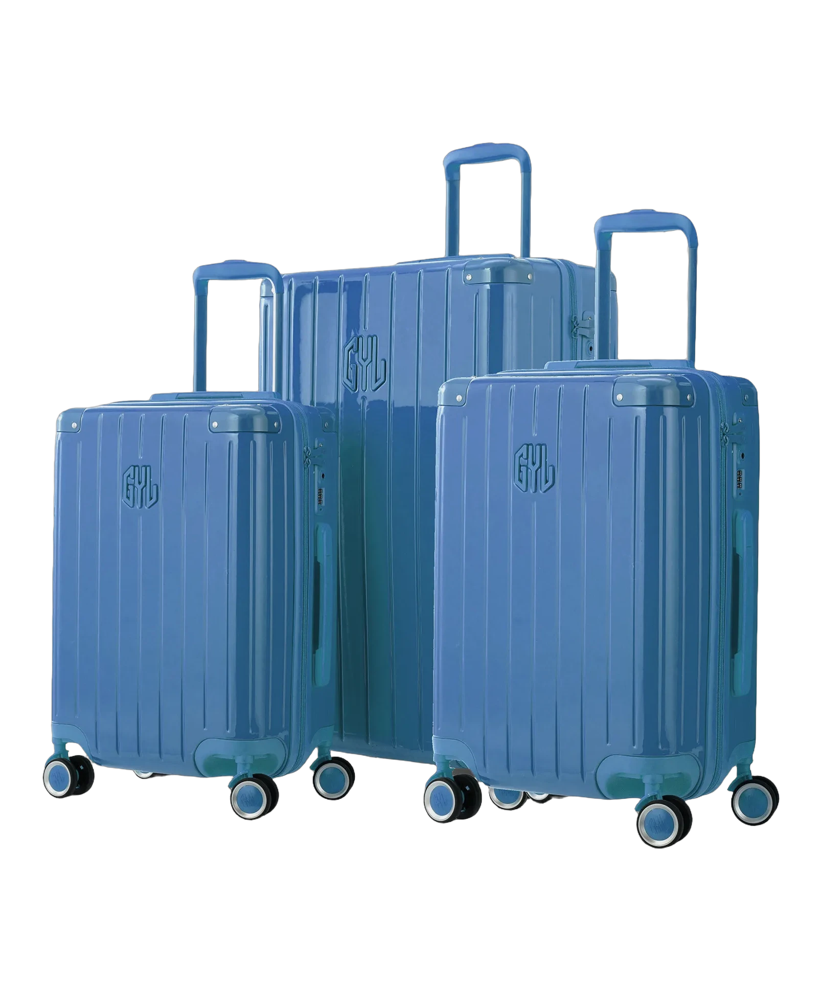Set de 3 valises rigides Intemporelle en polycarbonate coloris bleu grise vue de profil GYL