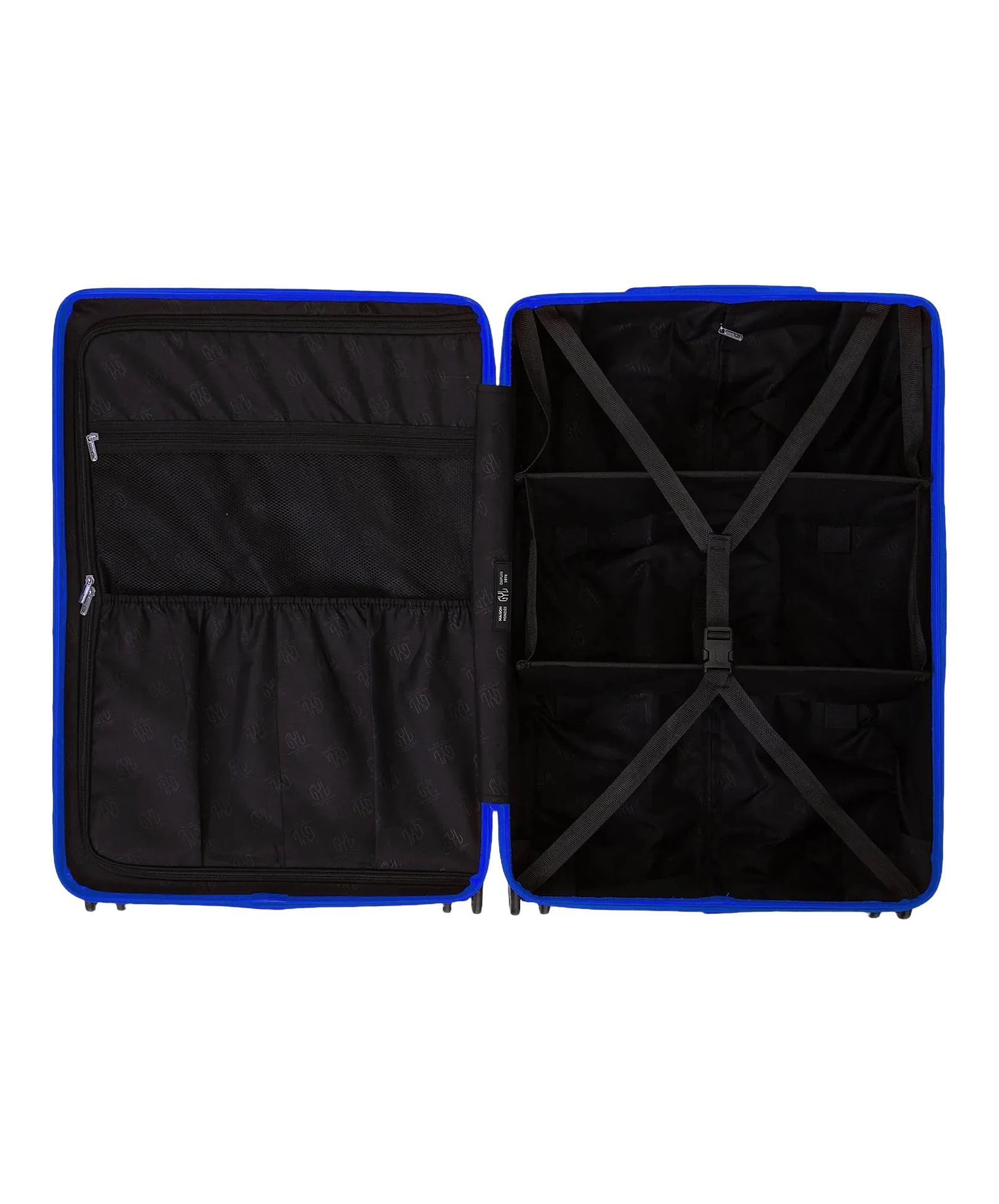 Interieur compartimente de la valise GYL Intemporelle bleu avec sangles croisees et poches filet