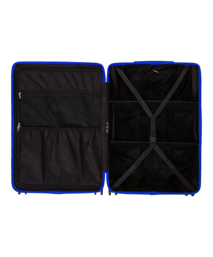 Interieur compartimente de la valise GYL Intemporelle bleu avec sangles croisees et poches filet