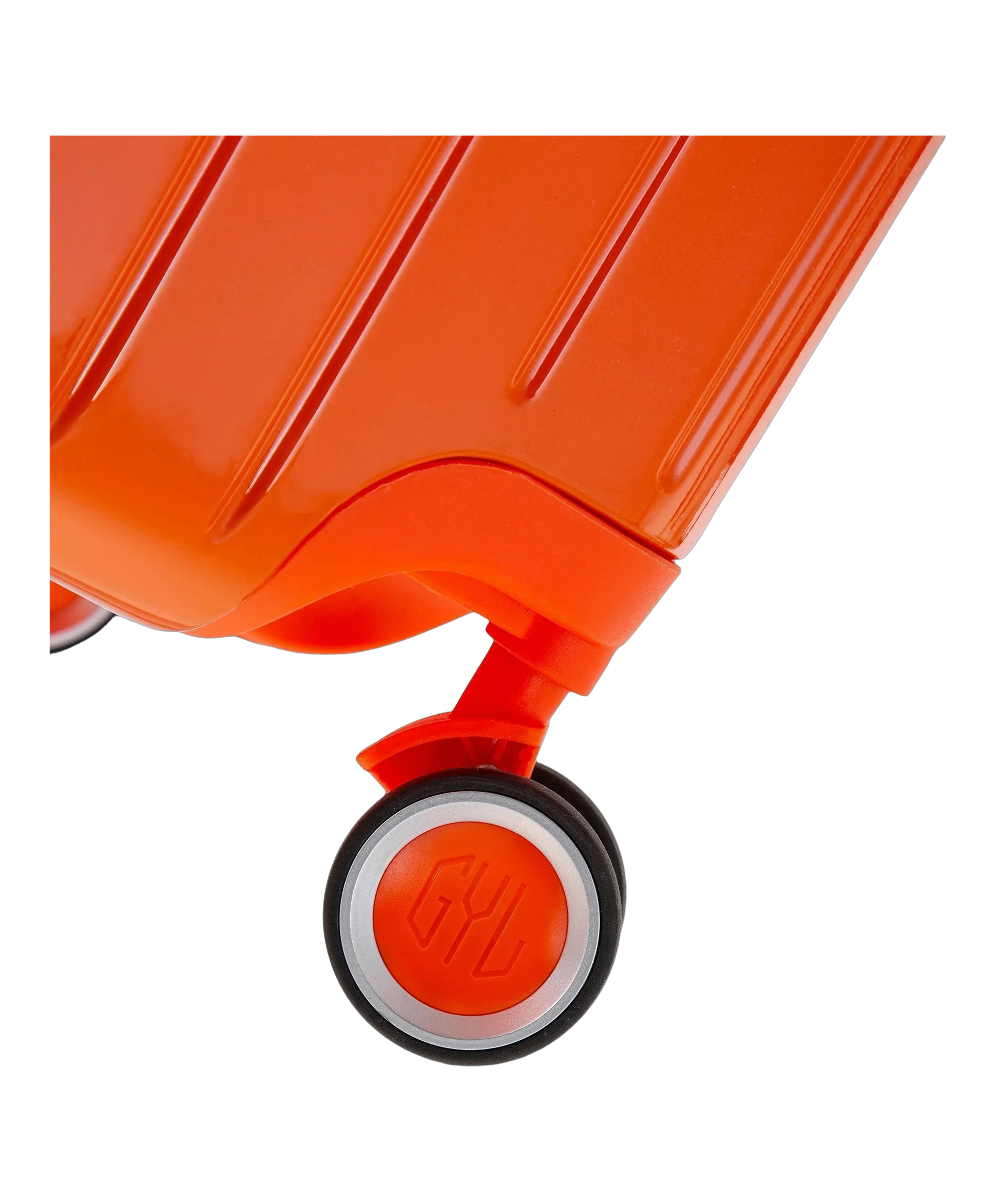 Roue double 360 de la valise GYL Intemporelle orange fonce avec gravure du logo sur le moyeu