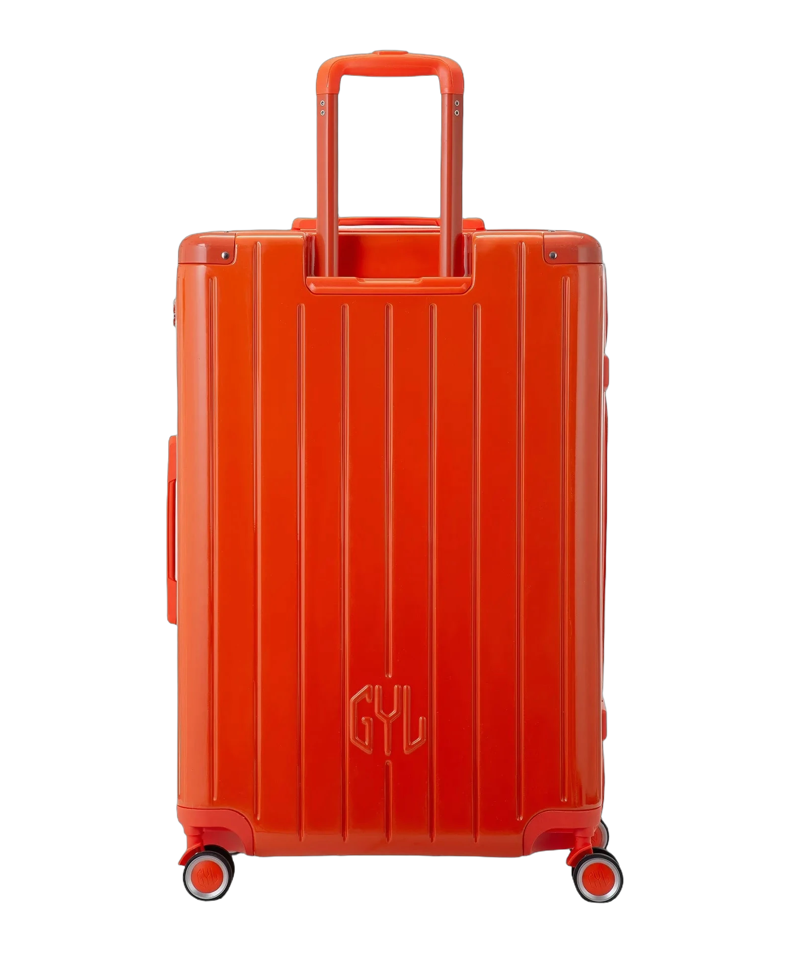 Valise rigide Intemporelle orange fonce vue de dos avec poignees integrees et roulettes pivotantes GYL