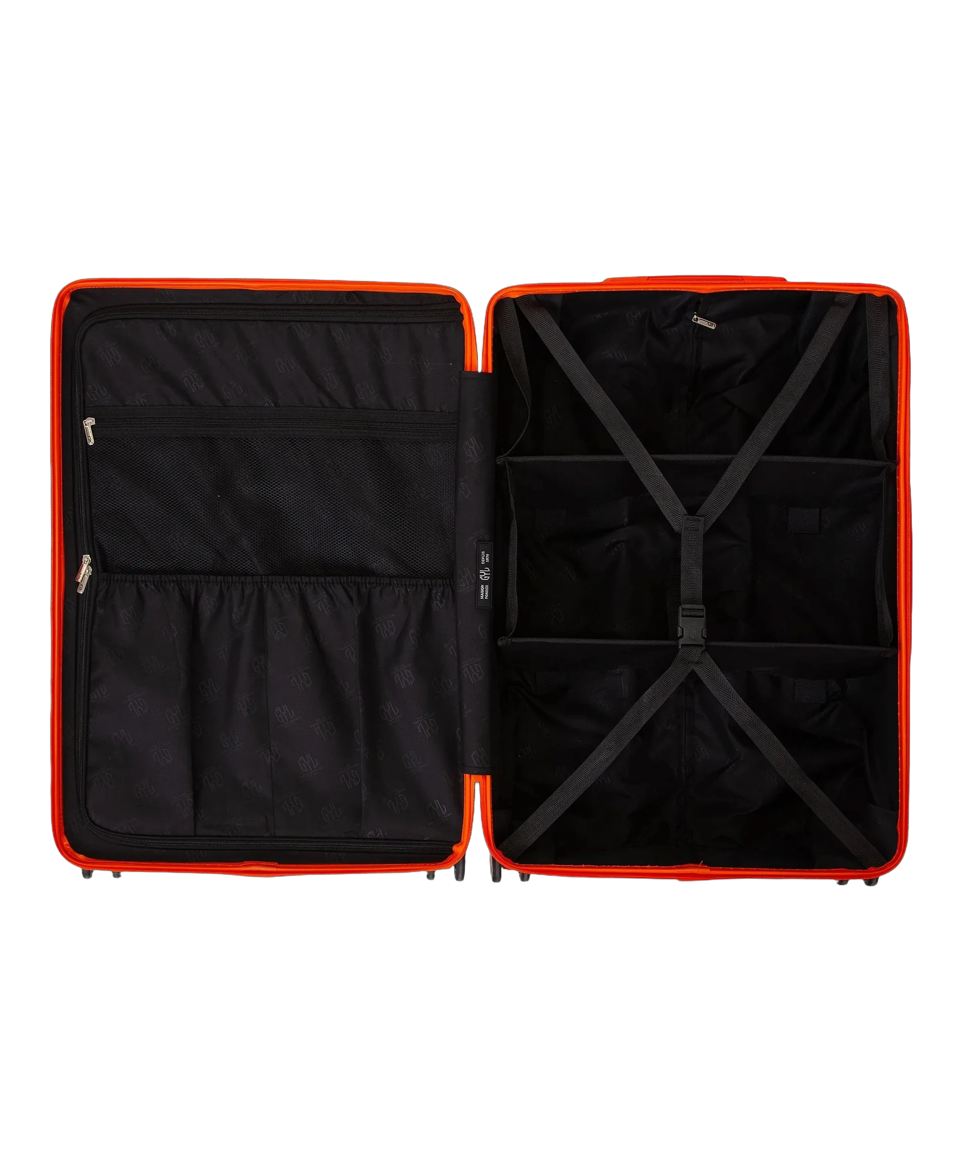 Interieur compartimente de la valise GYL Intemporelle orange fonce avec sangles croisees et poches filet