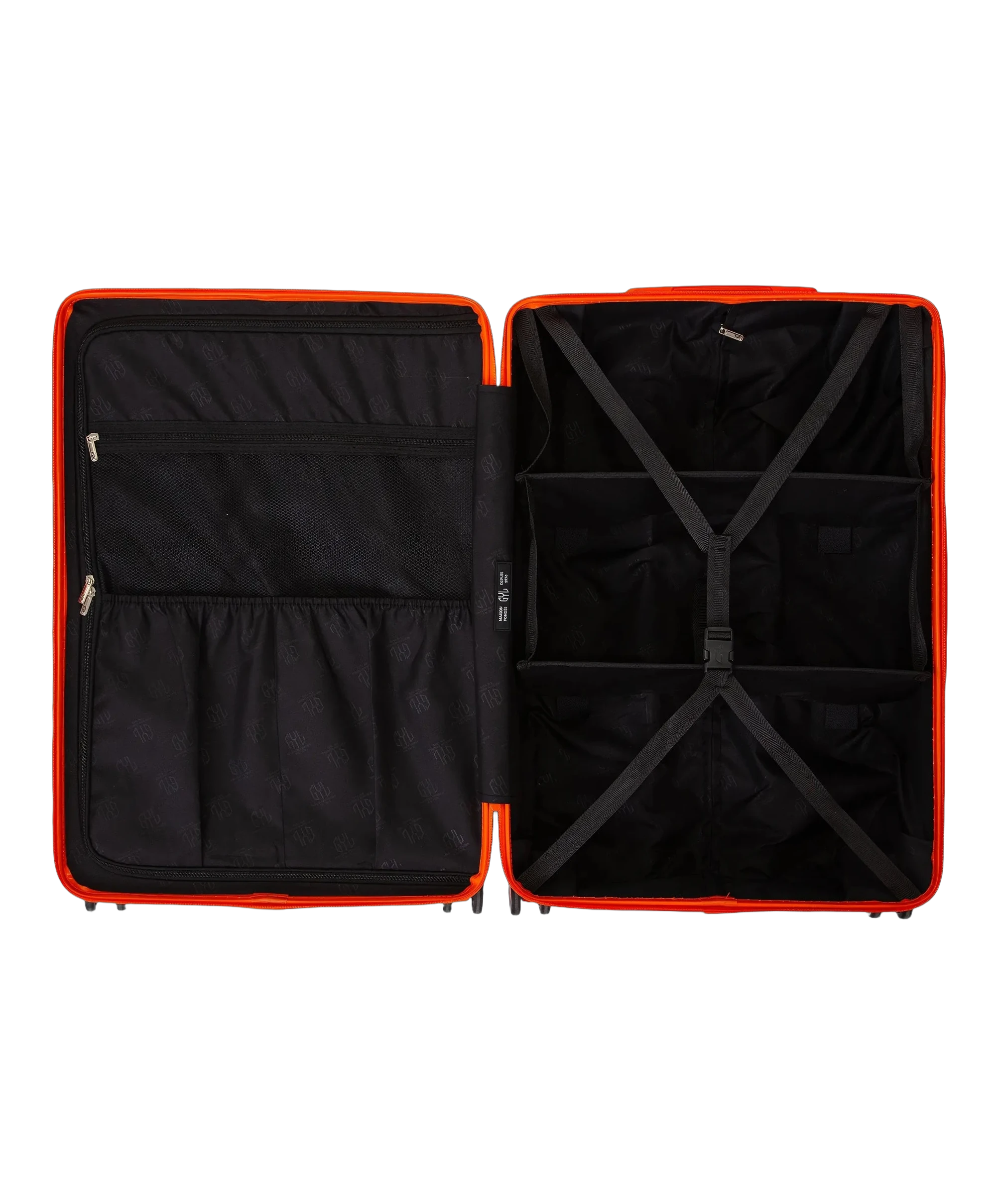 Interieur compartimente de la valise GYL Intemporelle orange fonce avec sangles croisees et poches filet