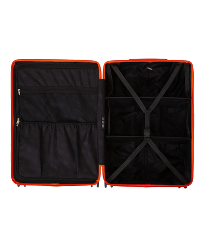 Interieur compartimente de la valise GYL Intemporelle orange fonce avec sangles croisees et poches filet