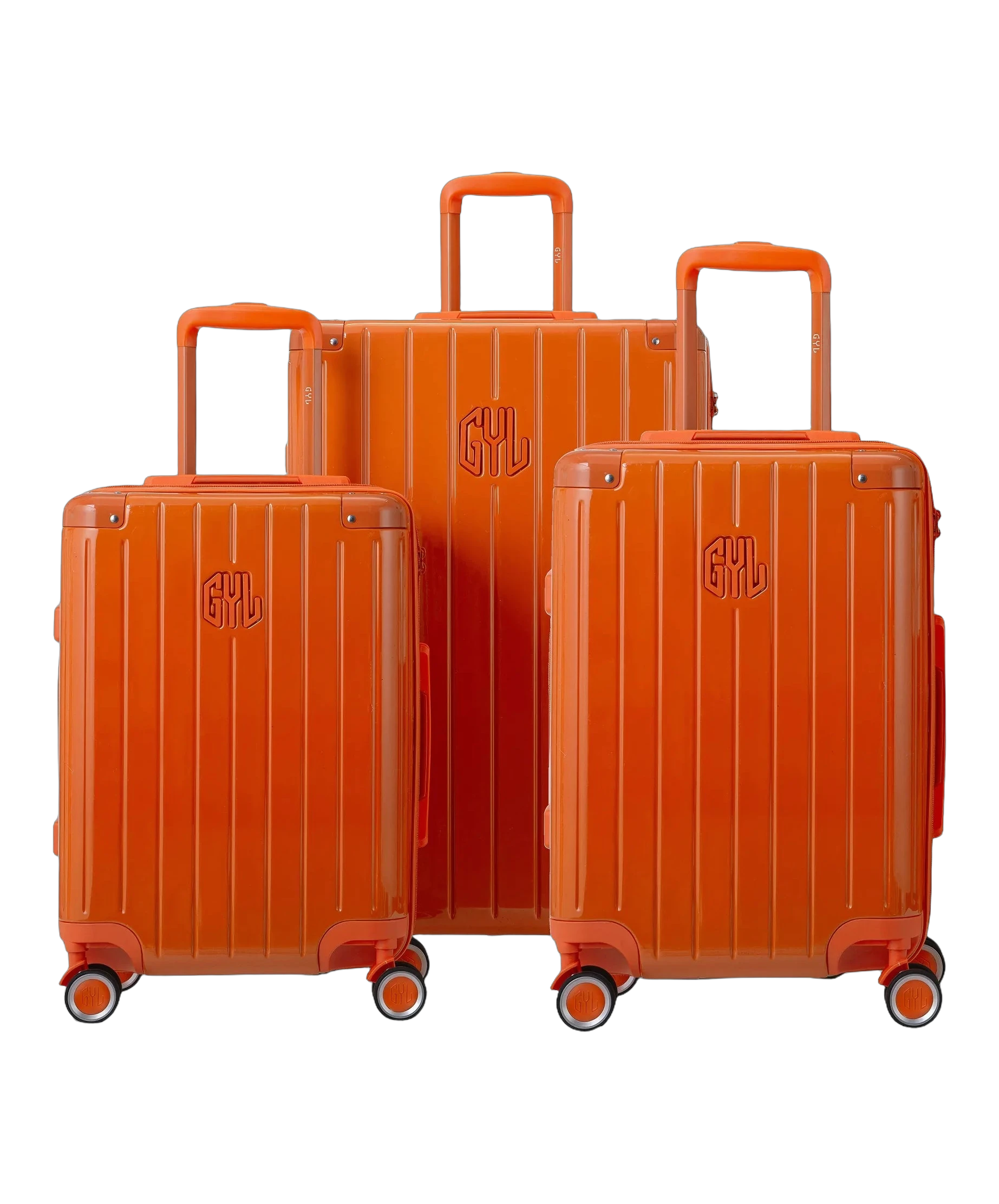 Set de 3 valises rigides Intemporelle orange fonce vue trois quarts avec poignees telescopiques GYL