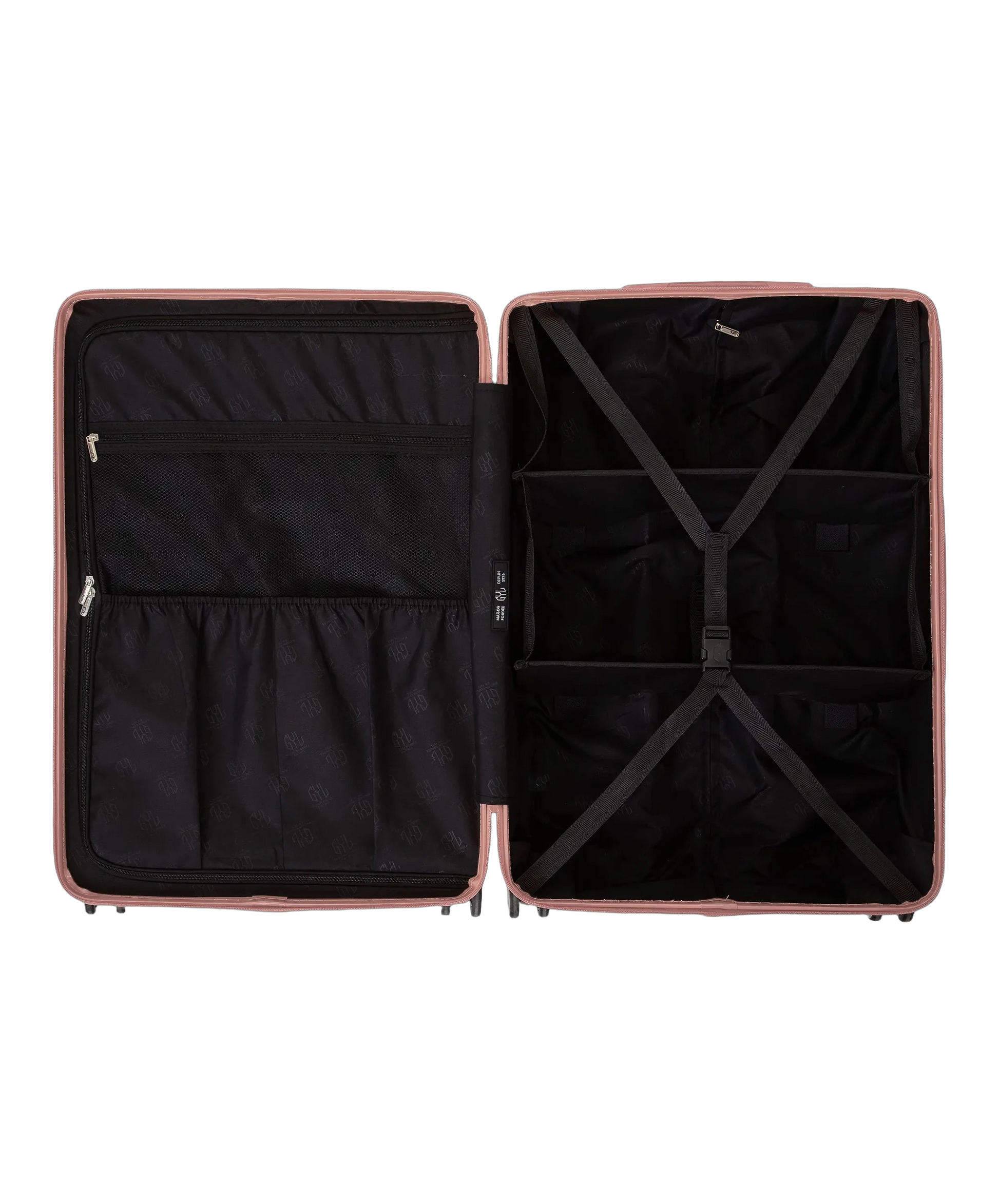 Interieur compartimente de la valise GYL Intemporelle rose gold avec sangles croisees et poches filet