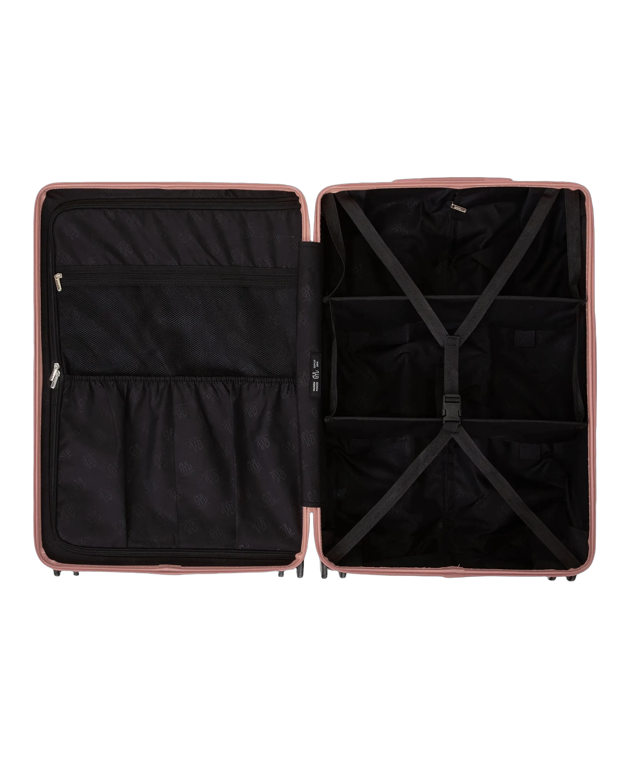 Interieur compartimente de la valise GYL Intemporelle rose gold avec sangles croisees et poches filet