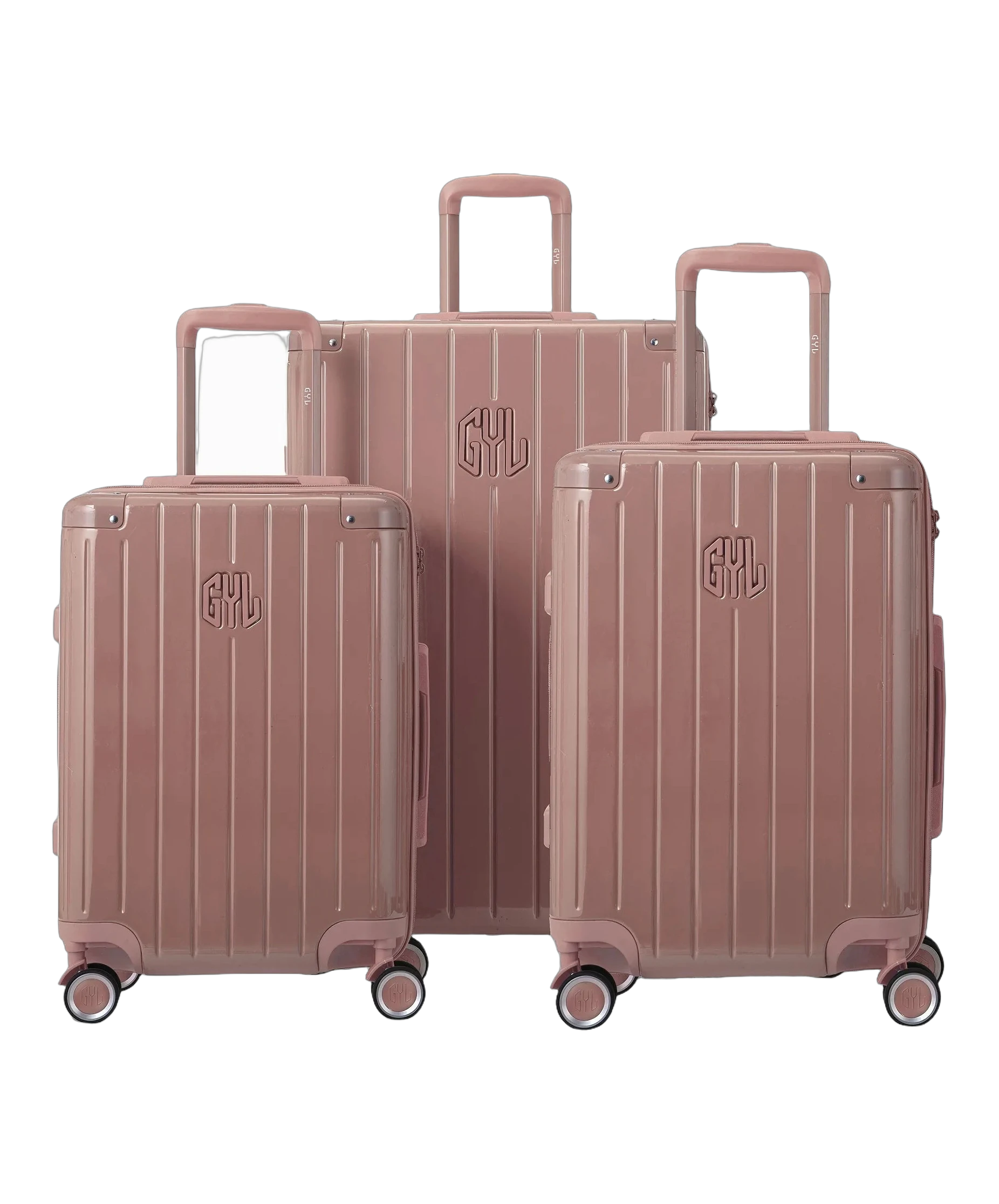 Set de 3 valises rigides Intemporelle rose gold vue trois quarts avec poignees telescopiques GYL