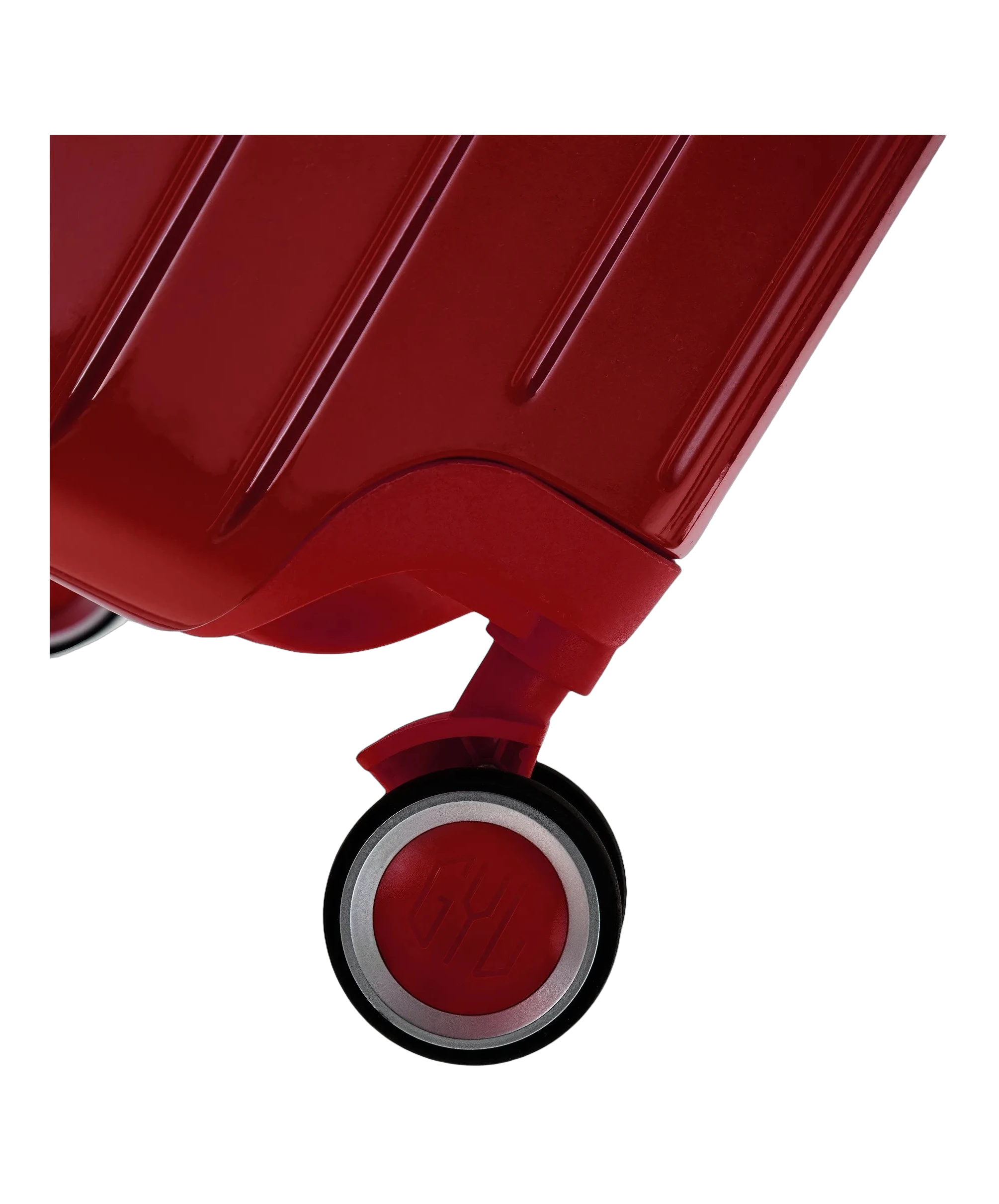 Roue double 360 de la valise GYL Intemporelle rouge fonce avec gravure du logo sur le moyeu