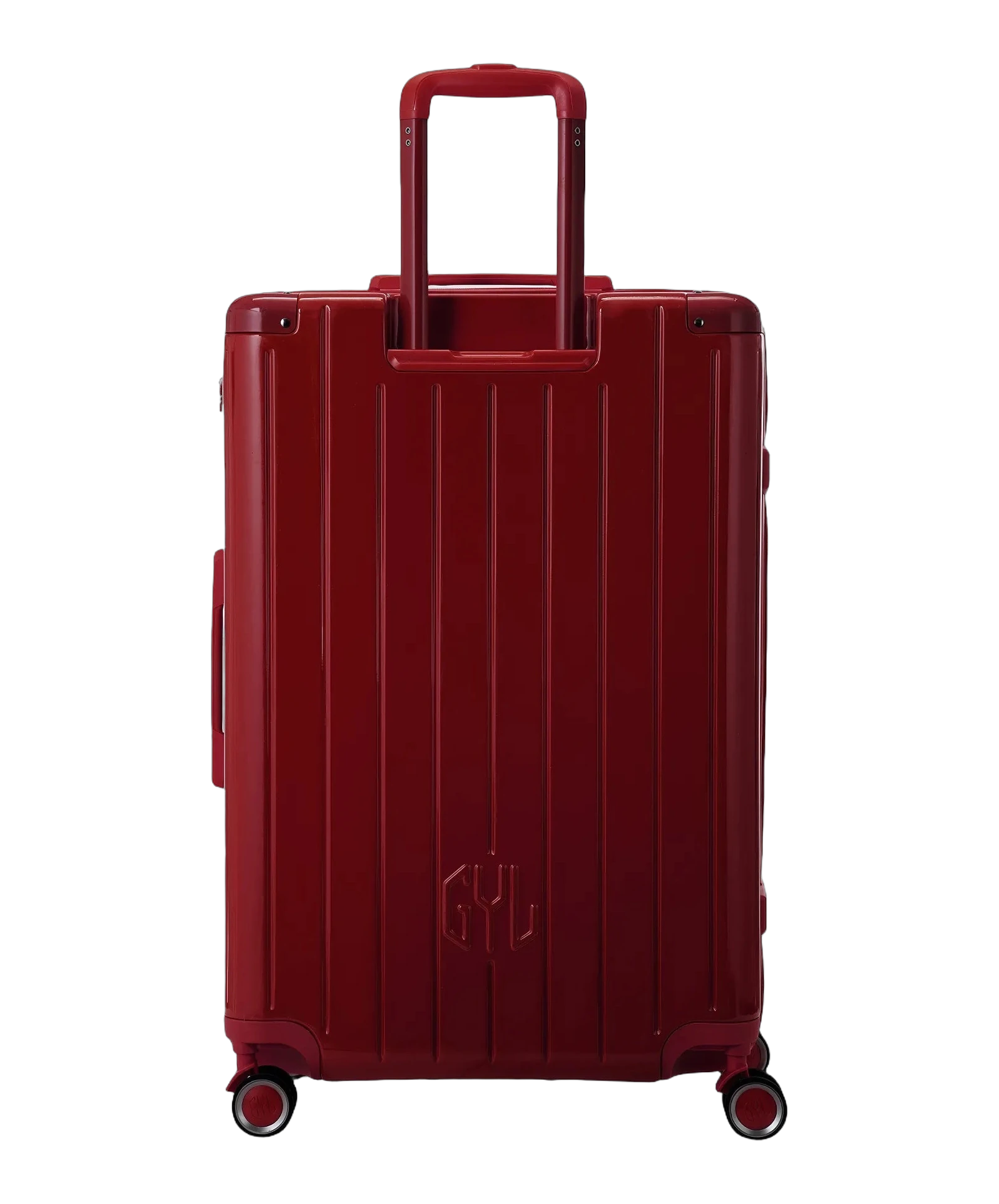 Valise rigide Intemporelle rouge fonce vue de dos avec poignees integrees et roulettes pivotantes GYL