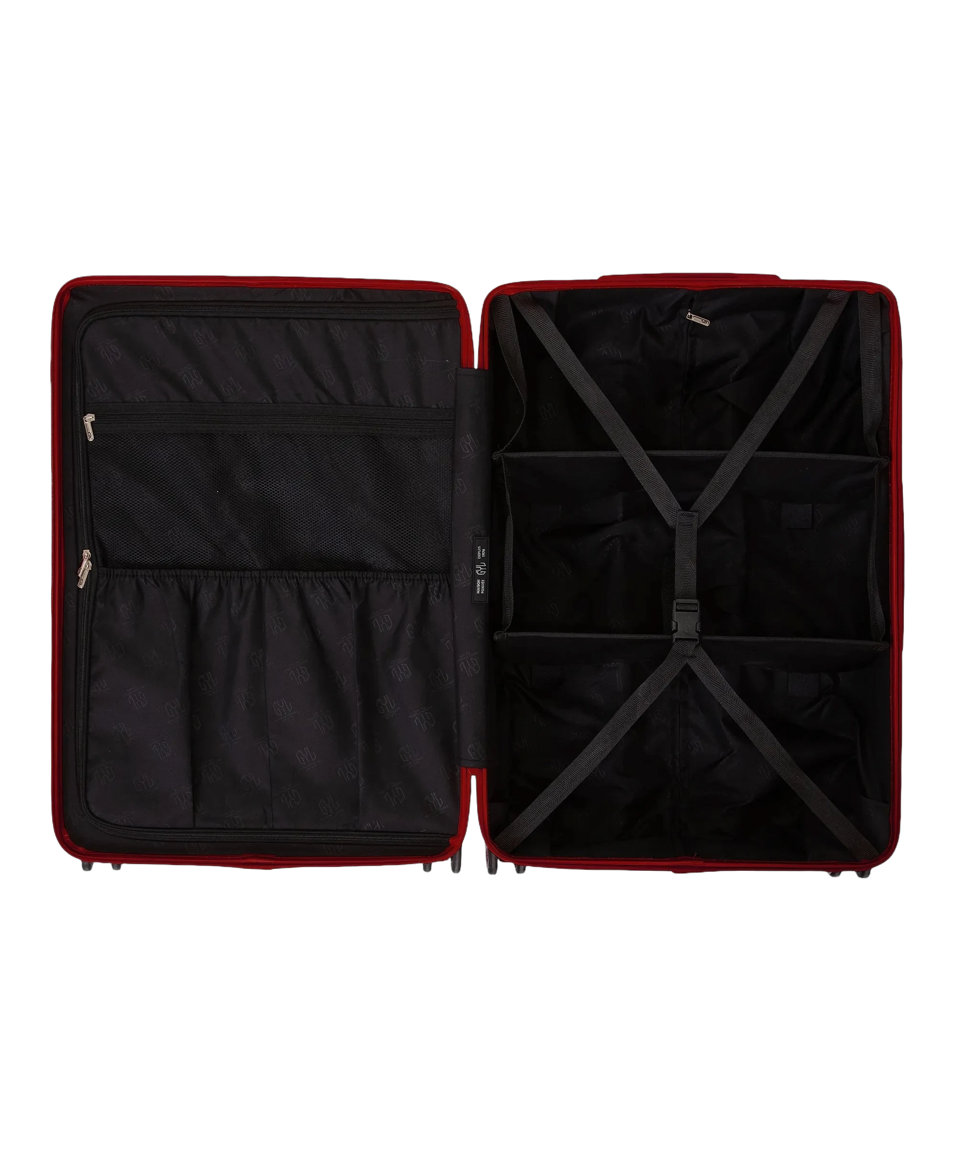 Interieur compartimente de la valise GYL Intemporelle rouge fonce avec sangles croisees et poches filet