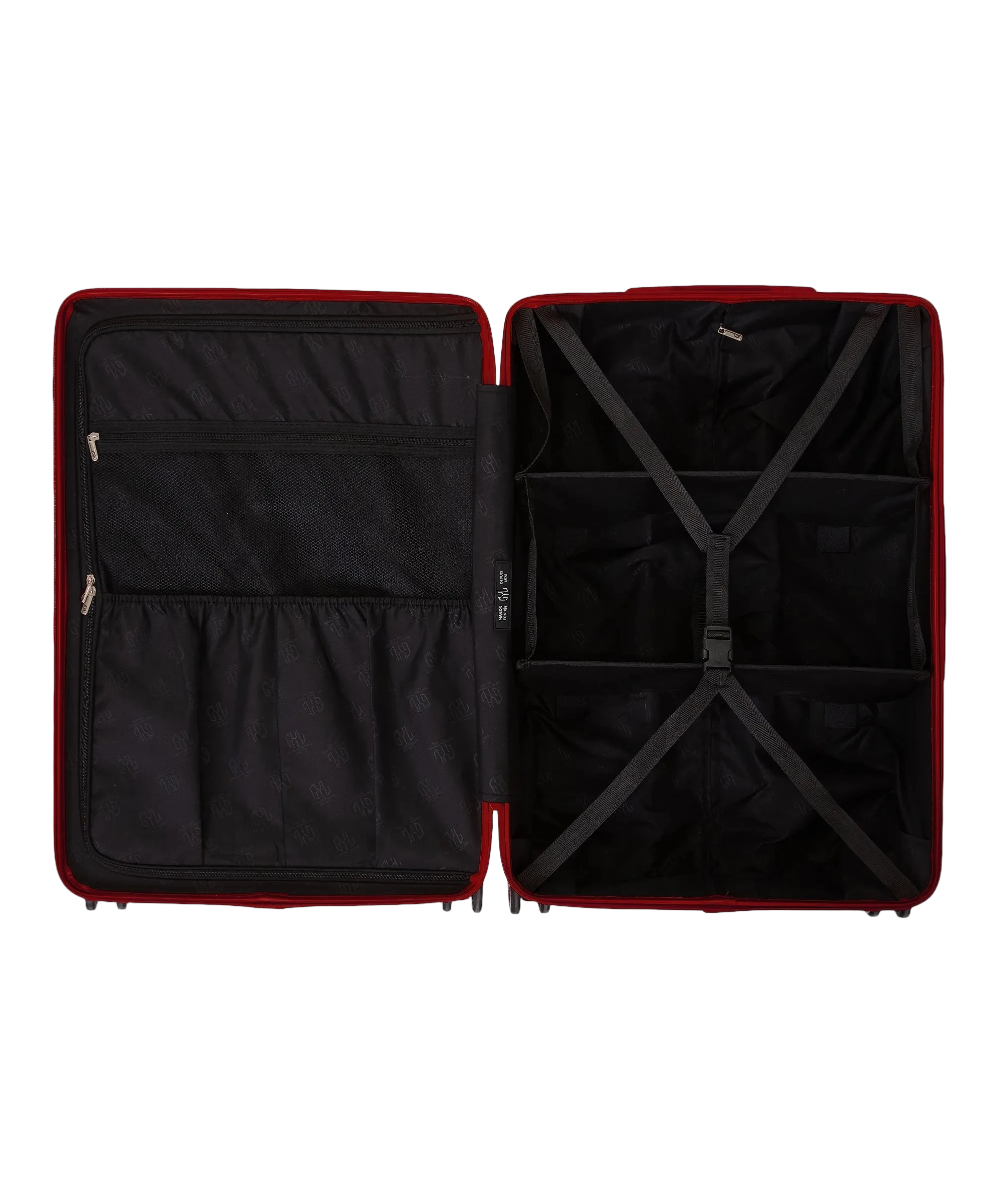 Interieur compartimente de la valise GYL Intemporelle rouge fonce avec sangles croisees et poches filet