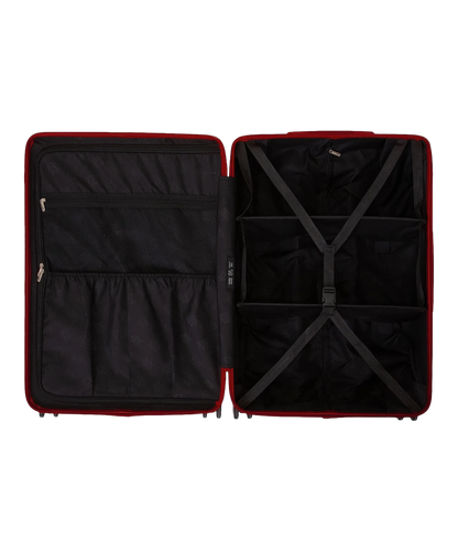 Interieur compartimente de la valise GYL Intemporelle rouge fonce avec sangles croisees et poches filet
