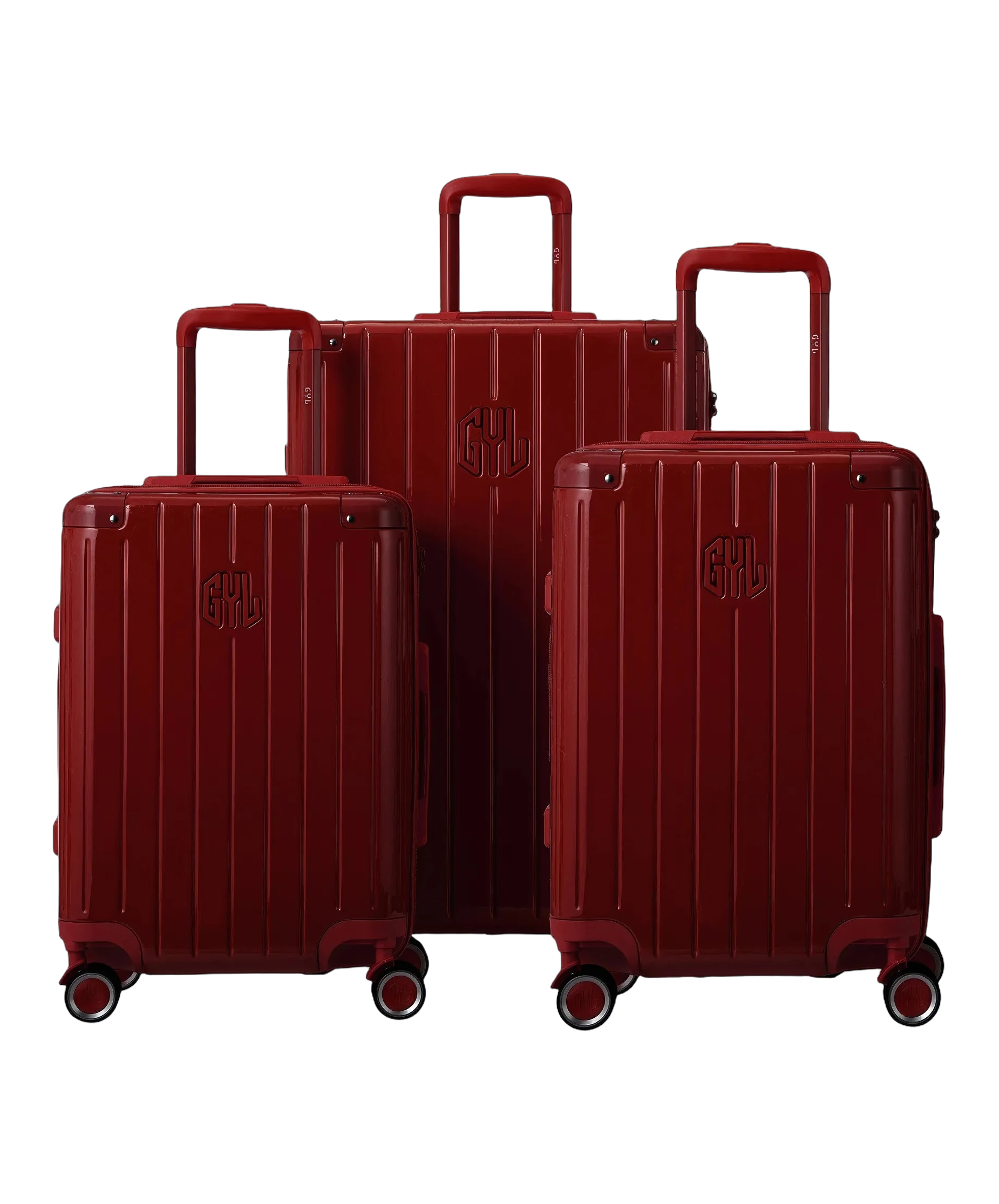 Set de 3 valises rigides Intemporelle rouge fonce vue trois quarts avec poignees telescopiques GYL