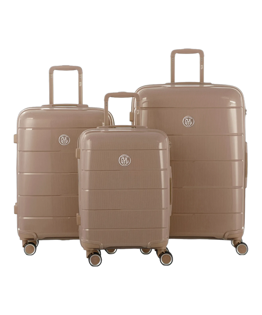 Valise Citadine en polypropylène set de 3 valises coloris champagne vue de dos arrière avec logo GYL