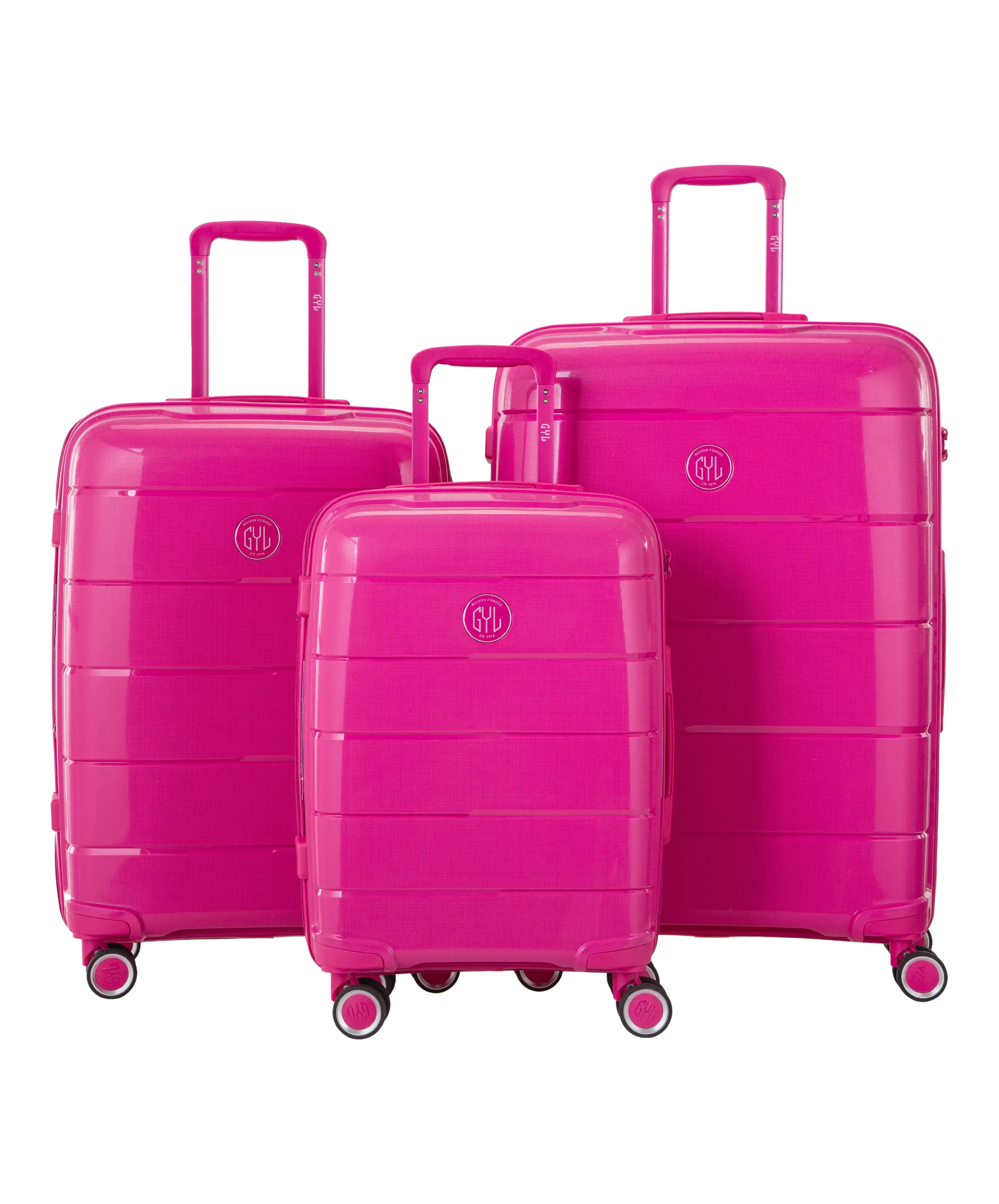 Valise Citadine en polypropylene set de 3 valises cabine semaine et soute coloris fuchsia vue de face du set complet