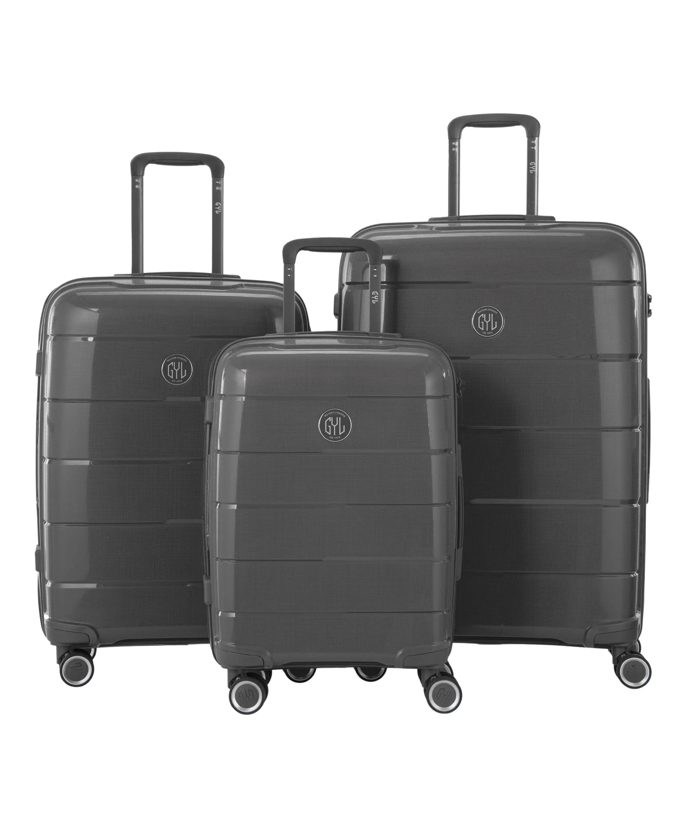 Valise Citadine en polypropylene set de 3 valises cabine semaine et soute coloris gris fonce vue de face du set complet