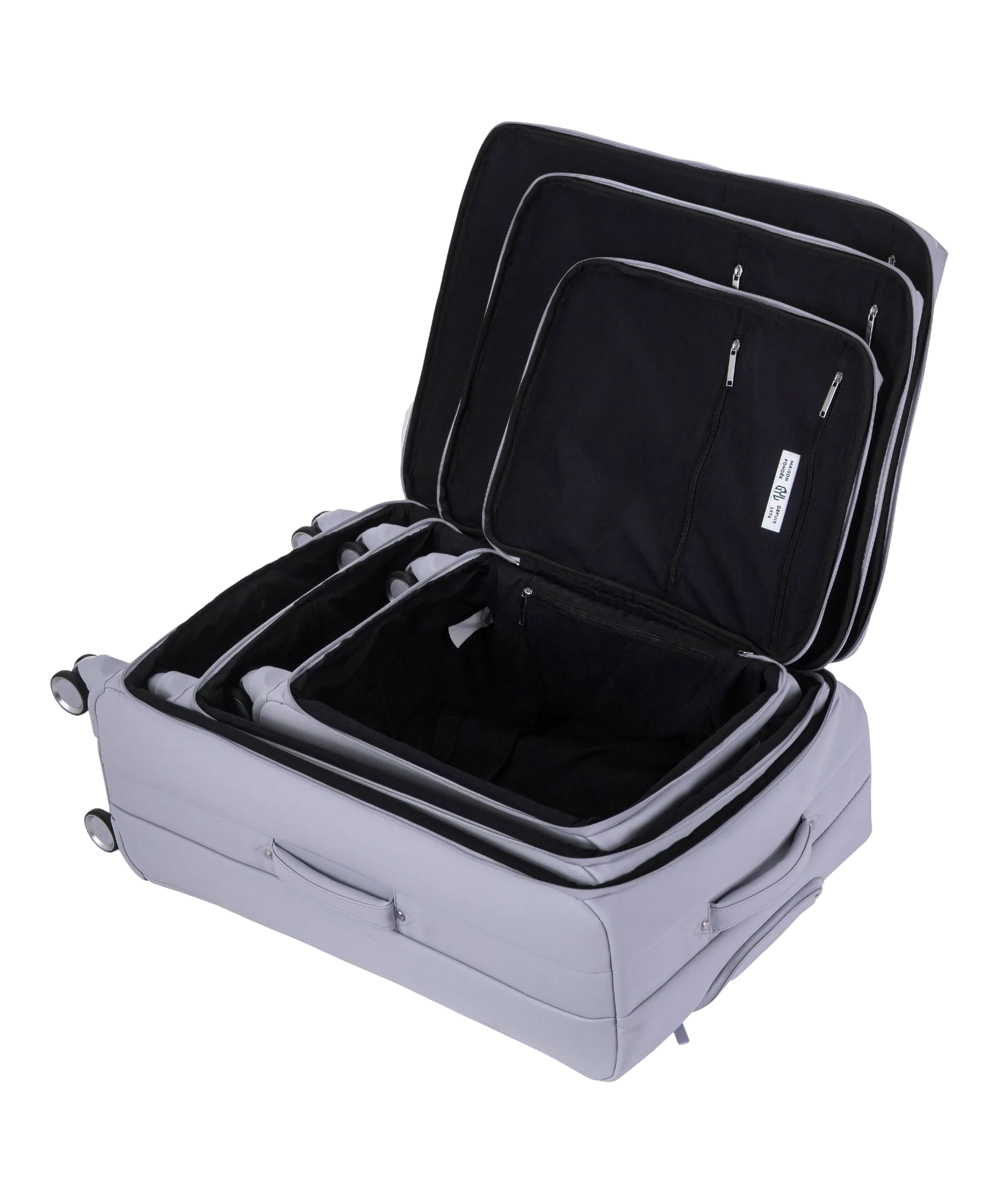 Valise Evasion GYL souple set de 3 valises cabine semaine et soute coloris argent interieur ouvert valises emboitees