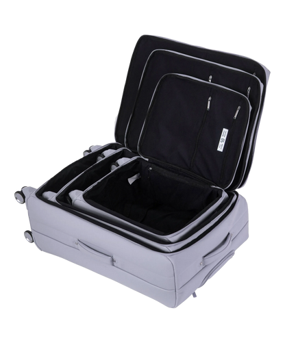 Valise Evasion GYL souple set de 3 valises cabine semaine et soute coloris argent interieur ouvert valises emboitees