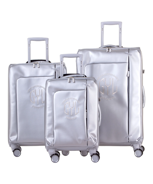 Valise Evasion GYL souple set de 3 valises cabine semaine et soute coloris argent vue de face du set complet