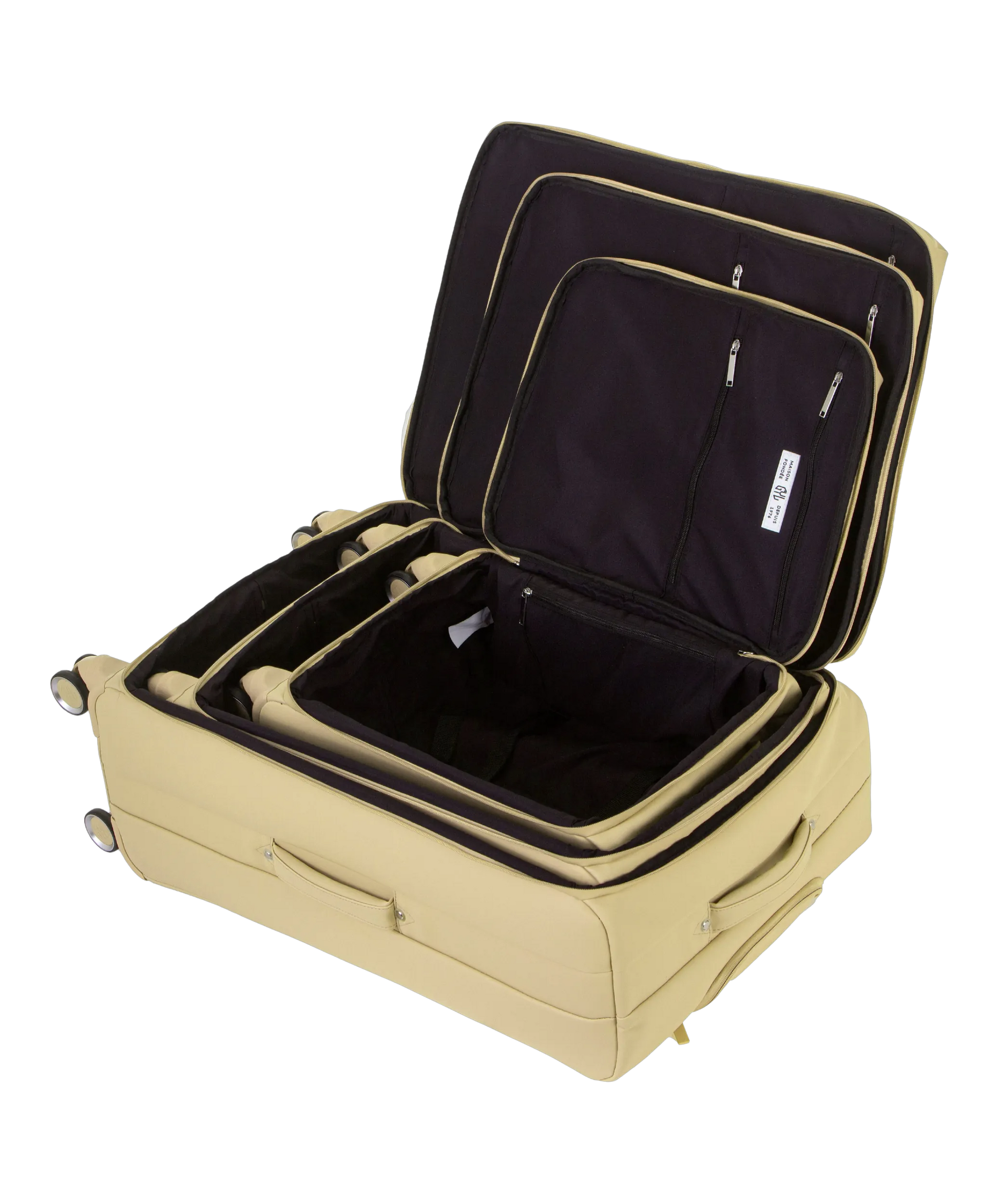 Valise Evasion GYL souple set de 3 valises cabine semaine et soute coloris champagne interieur ouvert valises emboitees